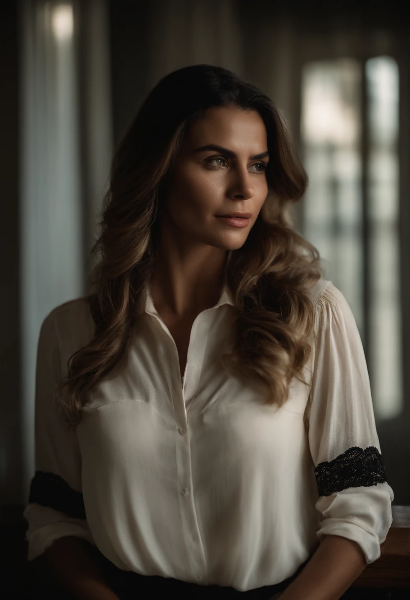 Mulher linda , usando camisa de viscose creme e saia preta plissada, montada num canguru