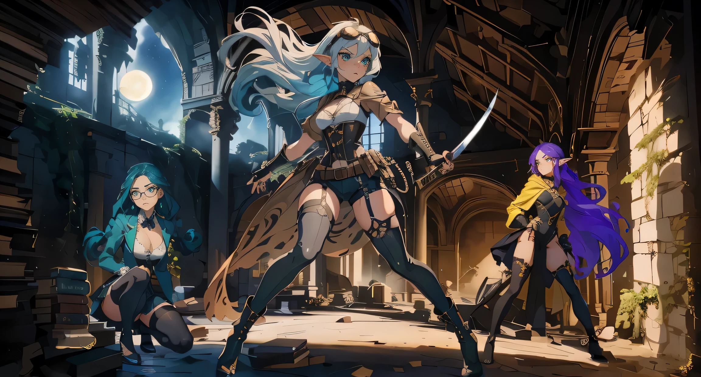 [3girls],BREAK:Char1, masterpiece, high quality, 1_woman, ((full body)), ((holding japanese katana in hand)), (exotic skin_complexion:1.4),mature, tall, beautiful, exotic, with long elf ears, looking at camera, long hair, silver hair, detailed face, angry expression, anime fight pose, having diamond shaped eyes, blue eyes, (dark_eyeliner), long_eyelashes medium_bust, thigh gap, wearing Steampunk corset, chest window, (brown shorts), crossing belts, (goggles on head), red tinted goggle lenses, long fingerless_gloves, belts with metal gears, making fist, black thigh highs with embroidery, knee boots with laces, dynamic lighting casts detailed shadows. BREAK:Char2, masterpiece, high quality, (1_women), (full body), (exotic skin_complexion), mature, (((timid pose))), beautiful, exotic, with long elf ears, (looking away from the camera), ((timid expression)), ((scared)), wearing (((yellow))) hooded cloak), hood down, yellow cloak, black choker, (thigh highs) with purple embroidery, long fingerless leather gloves, ((small breast)), black dress, bright purple hair, long hair, wavy hair, realistic and detailed face having (((green_eyes)), dark_eyeliner, long_eyelashes), natural dynamic lighting casts detailed shadows, knee high dark brown boots, arms together in a frighten pose, BREAK:Char3, Masterpiece, best quality, 1_woman, full body, ((on knees)), looking at the camera, in shocked expression, teal hair, long double hair braids, bright teal hair, diamond shaped eyes, glasses, large_bust, chest window, cleavage, dark blue (Victorian blazer), white halter top blouse, double button breast, long dark blue (lolita skirt), silver trim, black tights, black heels, petite, small waist, perfect hands, BREAK:Masterpiece, high quality, large spacious library, one hundred foot tall ceiling, archways, abandon building, old rustic library, underground, no windows, large room, ruined books, debris, trashed, rumble, broken walls, in cave, ominous light, ((at night)), stars, moon light,