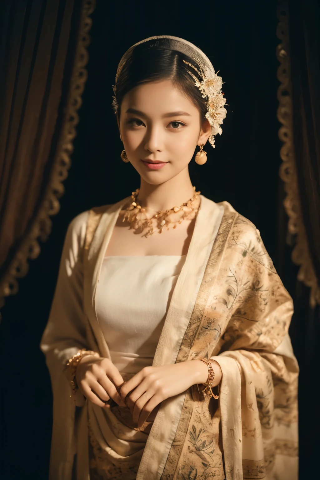 (best quality,4k,8k,highres,masterpiece:1.2),ultra-detailed,(realistic,photorealistic,photo-realistic:1.37),portrait,stunning Burmese patterned traditional dress lady,beautifully adorned,eye-catching brocade patterns,rich and vibrant colors,detailed embroidery work,exquisite textures,meticulously handcrafted dress,vividly captures the essence of Burmese culture,traditional floral motifs,graceful silhouette,fine folds and pleats,accentuates the lady's elegance,black single bun hair with flower,intricately arranged hairpiece,delicate and feminine,adds a touch of sophistication,soft yet confident expression,deep and captivating eyes,lustrous lips with a hint of a smile,flawless complexion,golden accessories,polished and refined,mesmerizing presence,subtle lighting,dramatic shadows,showcases the lady's grace and beauty,immersive visual experience, naked lady