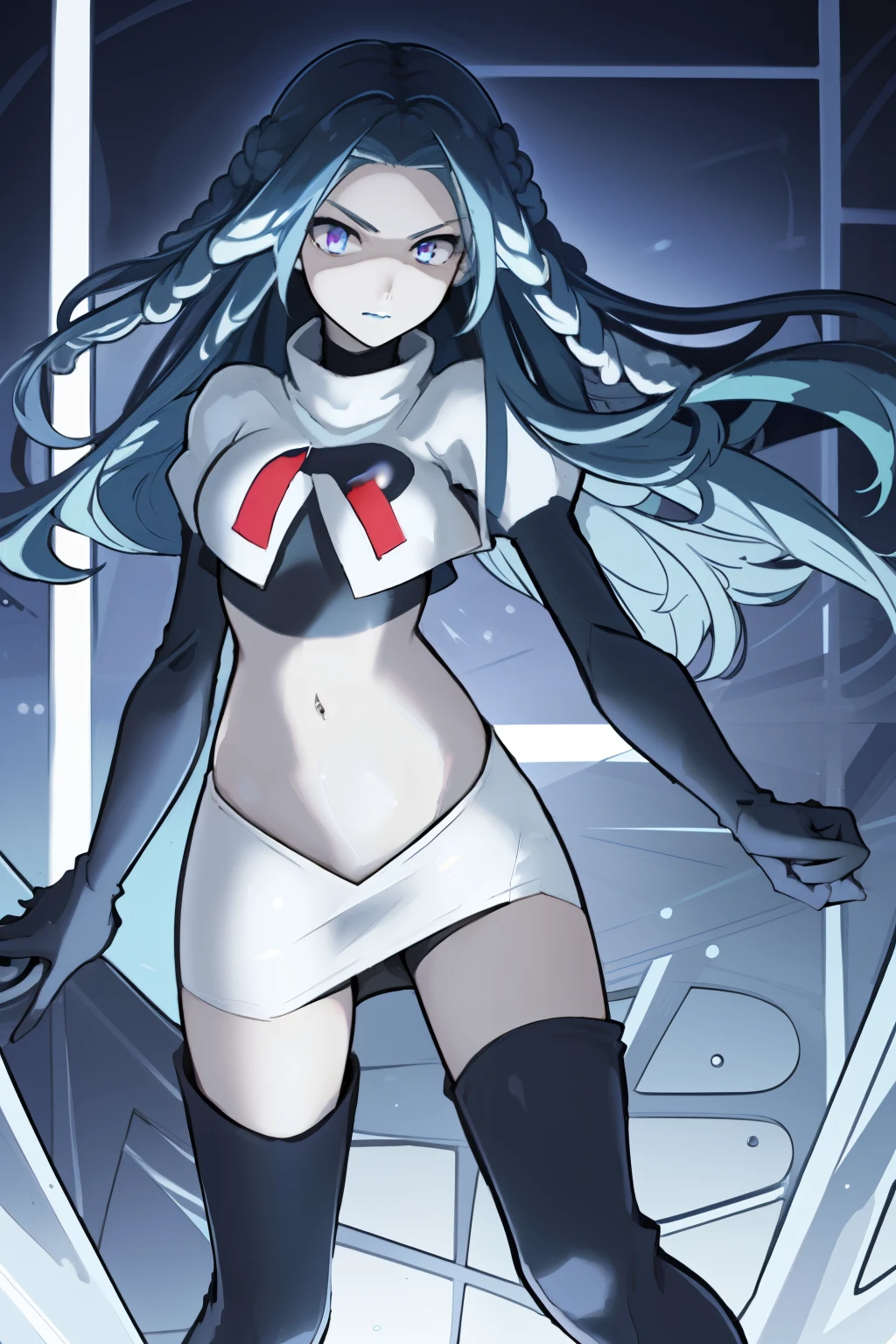 best quality, masterpiece,  lamiapgr, blue_lipstick, blue_eyeliner, symbol-shaped_eyes, multicolored_hair, head fins, floating hair,team rocket,team rocket uniform, red letter R, white skirt,white crop top,black thigh-highs,black elbow gloves,