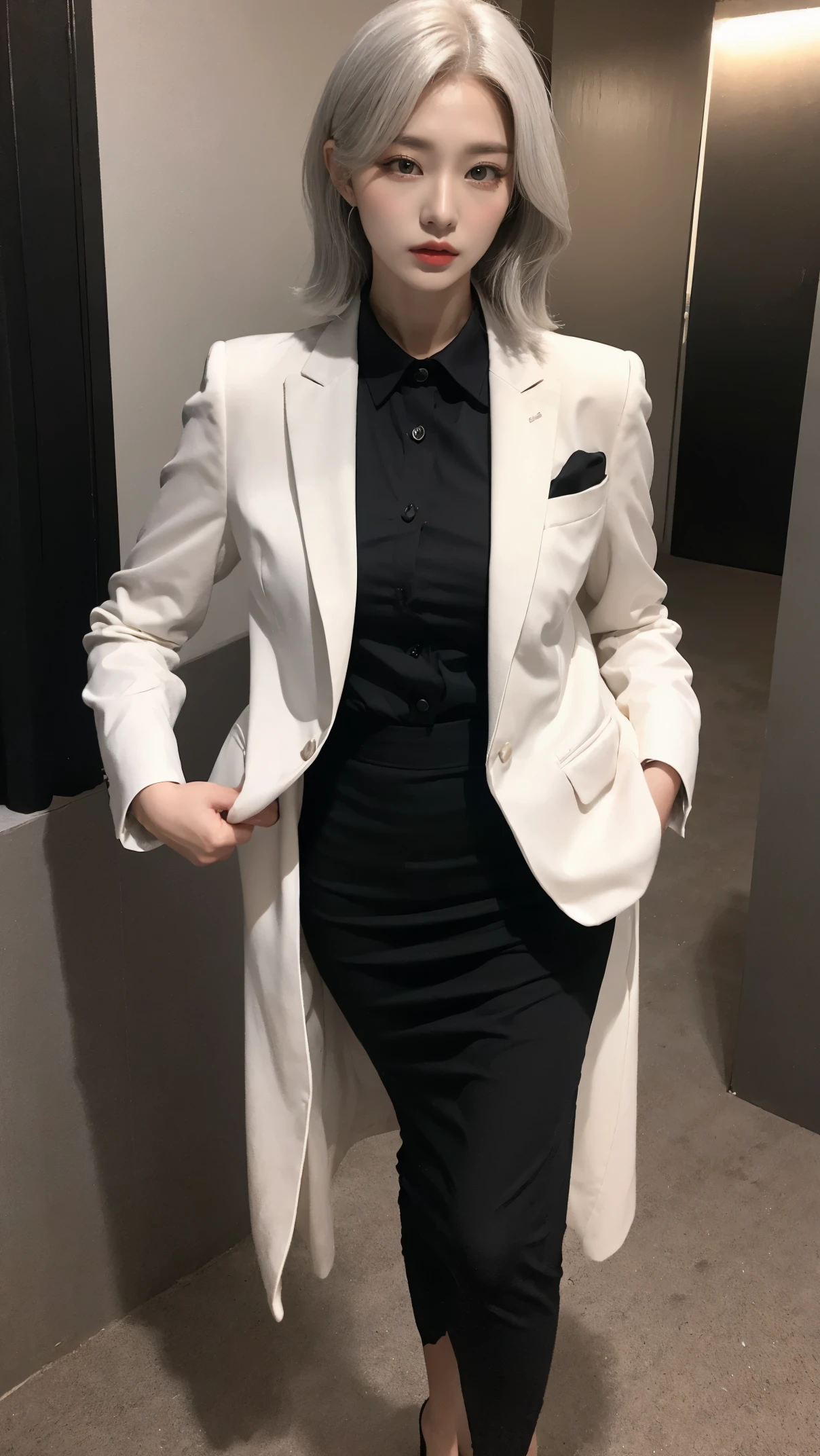 Silver-haired woman wearing white and black suit and black skirt, 1 lady, all alone, photoactual, realism, actual, Humanity