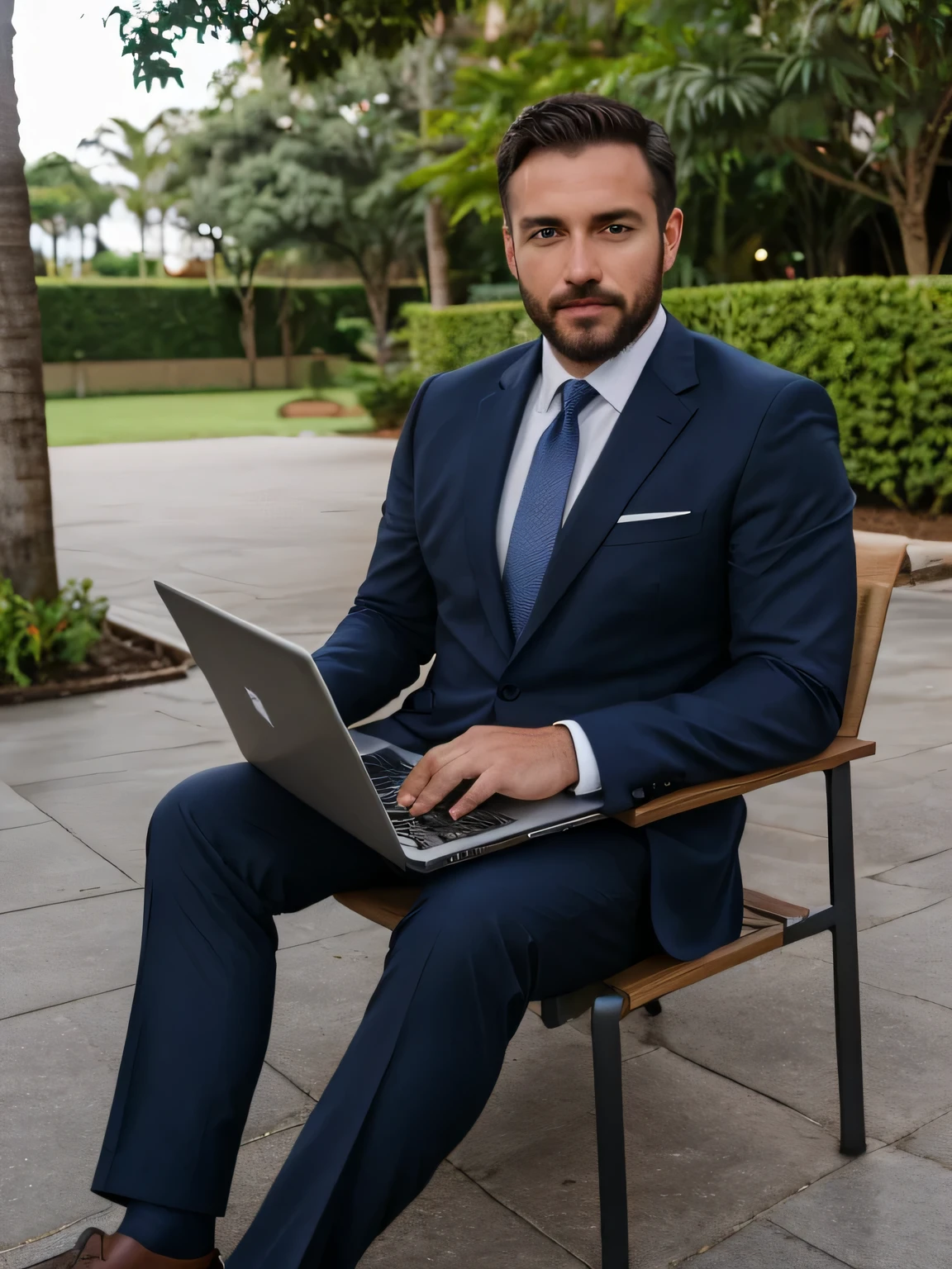 (foto crua:1.2), a man wearing a business suit sitting outside with a laptop, barba, cansado, tiro sincero, melhor qualidade, 8k, Ultra HD, fotorrealista