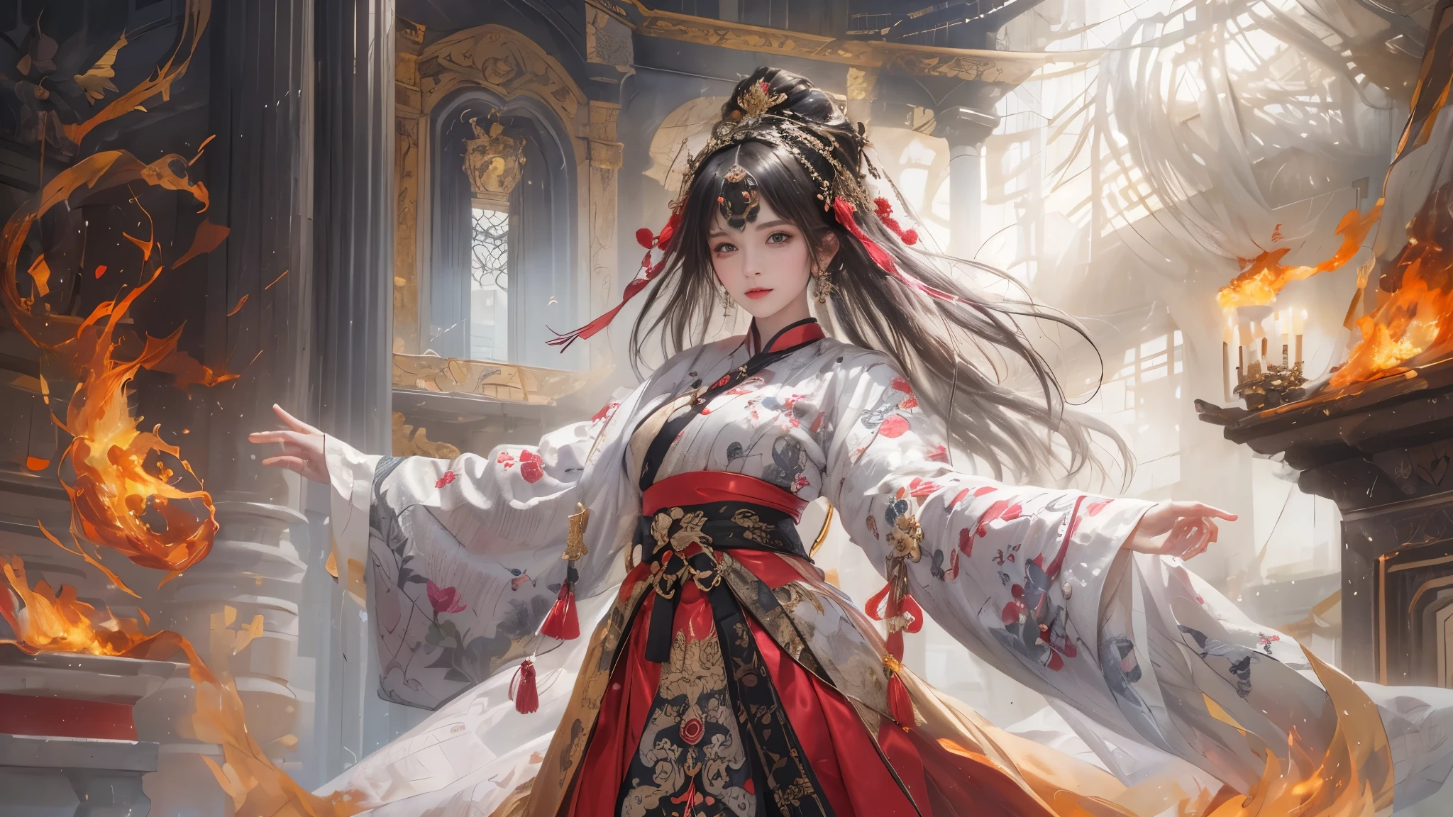 Dark majestic palace background, red flames and black swirls, a beautiful girl standing in the center of the palace, traditional Chinese costume jewelry, acrylic oil painting, light white and light silver, gold, fire, sky light, smoke, elaborate costumes, full body photos, traditional costumes, eye - catching details, best quality.big breasts