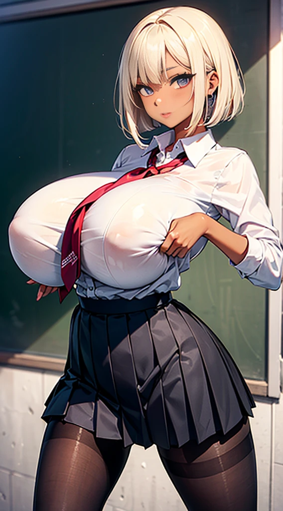 1girl, masterpiece, best quality, slender girl with hourglass body and huge breasts, solo, pretty, cute, shy girl, ((girl wears school uniform, short pleated skirt, white blouse, Korean school uniform)), sexy, girl shows enticing breasts, ((platinum blond hair, bob hair)), pink colored eyes, pink orbs, detailed eyes, beautiful eyes, delicate eyes, ((hourglass body, sexy body)), correct anatomy, correct limbs, ((huge breasts:1.6)), juicy lips, pouty lips, [detailed background (korean school, korean high school, Seoul, south korea)]BREAK((black pantyhose)),((side shot)),((looking through legs))BREAK((tan skin:1.6))
