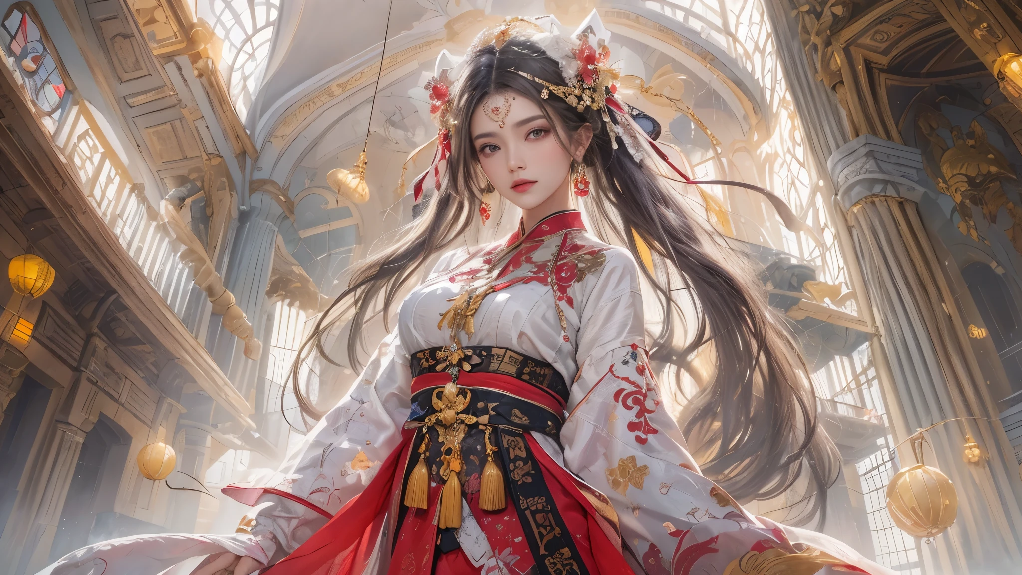 Dark majestic palace background, red flames and black swirls, a beautiful girl standing in the center of the palace, traditional Chinese costume jewelry, acrylic oil painting, light white and light silver, gold, fire, sky light, smoke, elaborate costumes, full body photos, traditional costumes, eye - catching details, best quality.big breasts