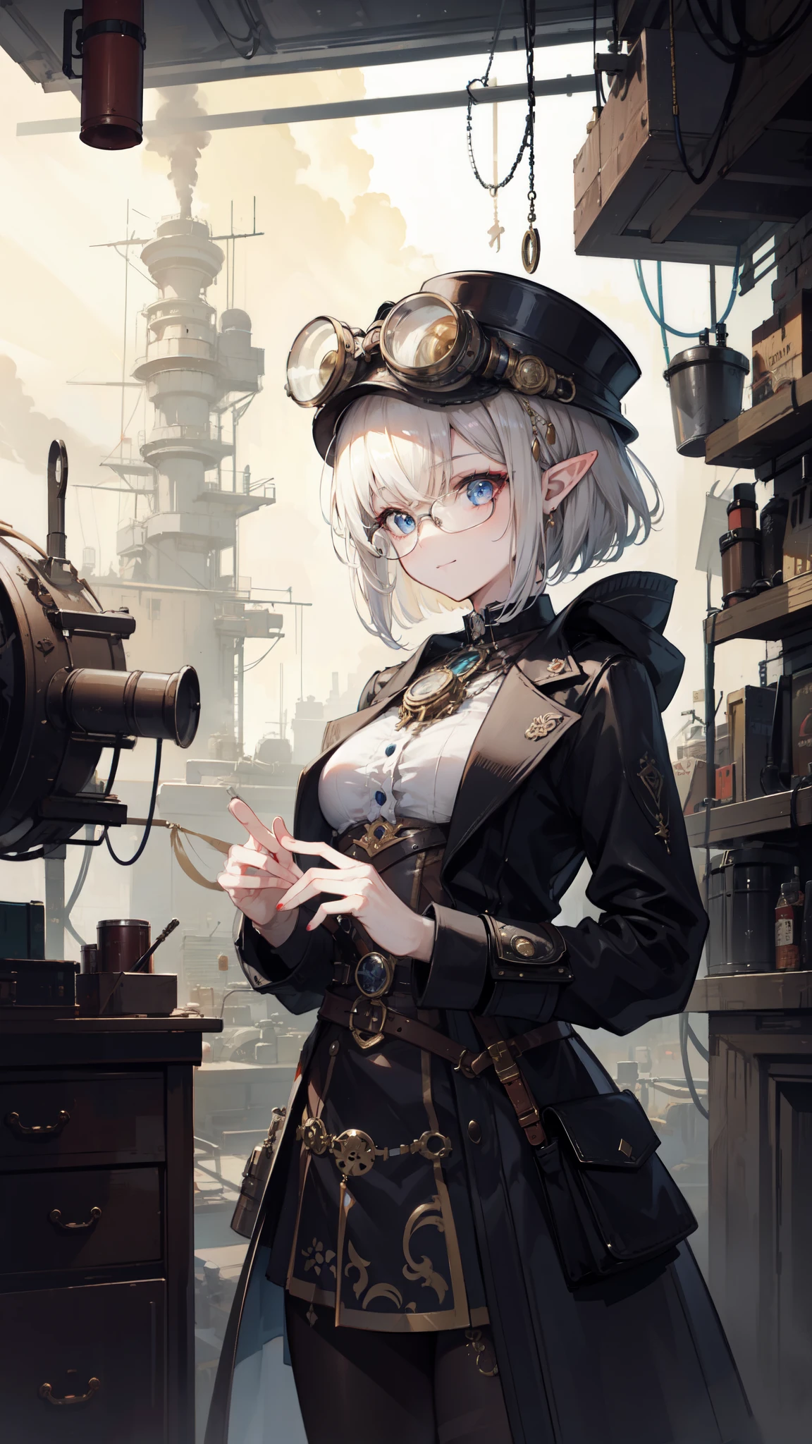((masterpiece )), (top quality), (best quality), ((ultra-detailed, 8k quality)), Aesthetics, Cinematic lighting, (detailed line art), Beautiful digital artwork, Exquisite digital illustration, absurdres, 
BREAK,
beautiful elf girl using tools next to a desk, in a factory, Workshops, waterr pipe, water tank, 18 century, (steampunk helmet with goggles), steampunk_costume, avairy coat, glasses, cell shading, cinematic dramatic atmosphere, high quality cell shaded illustration in Fantasy steampunk style by Yoji Shinkawa, detailed and intricate environment, artstation, concept art, fluid and sharp focus, by ((Mikimoto Haruhiko)),
BREAK,
(best shadow), intricate details, interior, dark studio, muted colors, key spring-enhanced, clockwork, bronze, copper, steel, dangerous, sharp, (steam punk), SteamPunkAI, 
BREAK,
highly detailed of (elf), (1girl), perfect face, details eye, Bob cut hair, Blunt bangs, (hair ween eye), blonde white hair, blue eyes, eyelashes, eyeshadow, pink eyeshadow,  smile, design art by Artgerm, by Kawacy, By Yoshitaka Amano,
BREAK, 
((perfect anatomy)), nice body, medium breextremely detailed finger), best hands, perfect face, beautiful face, beautiful eyes, perfect eyes, (perfect fingers), correct anatomy, 
