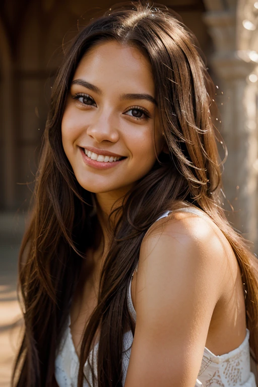 Beautiful light skin fair long hair closer young lady with a nice smile, hyper detailed photography, soft light head and shoulder portrait cover.
