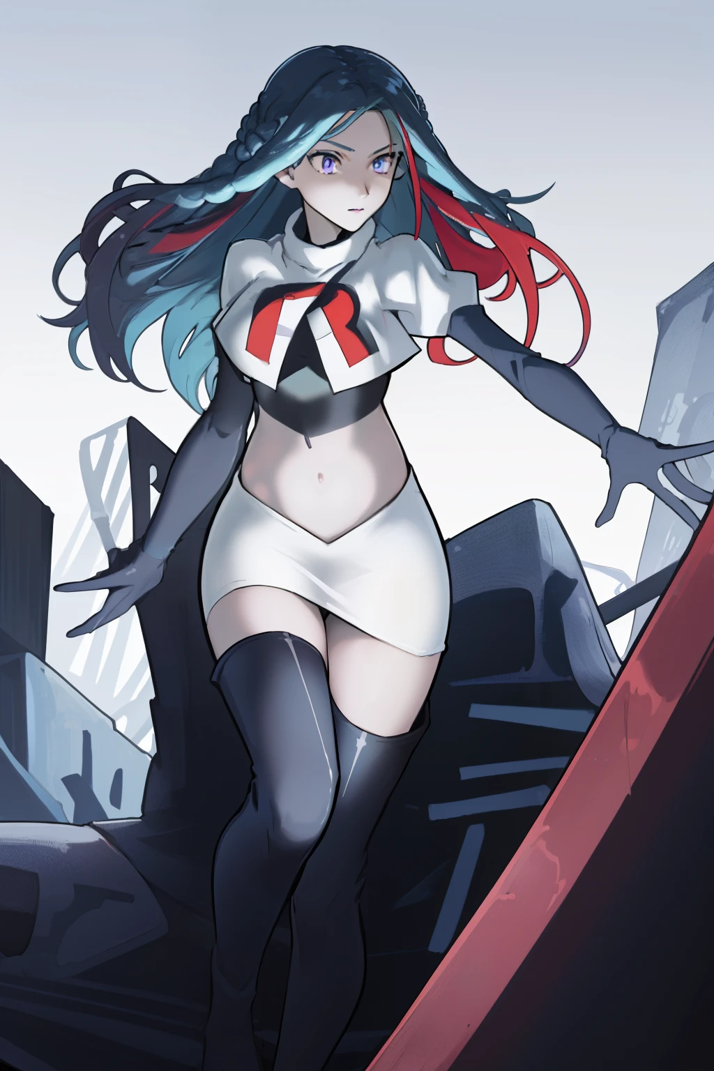 best quality, masterpiece,  lamiapgr, blue_lipstick, blue_eyeliner, symbol-shaped_eyes, multicolored_hair, head fins, floating hair,team rocket,team rocket uniform, red letter R, white skirt,white crop top,black thigh-highs,black elbow gloves,