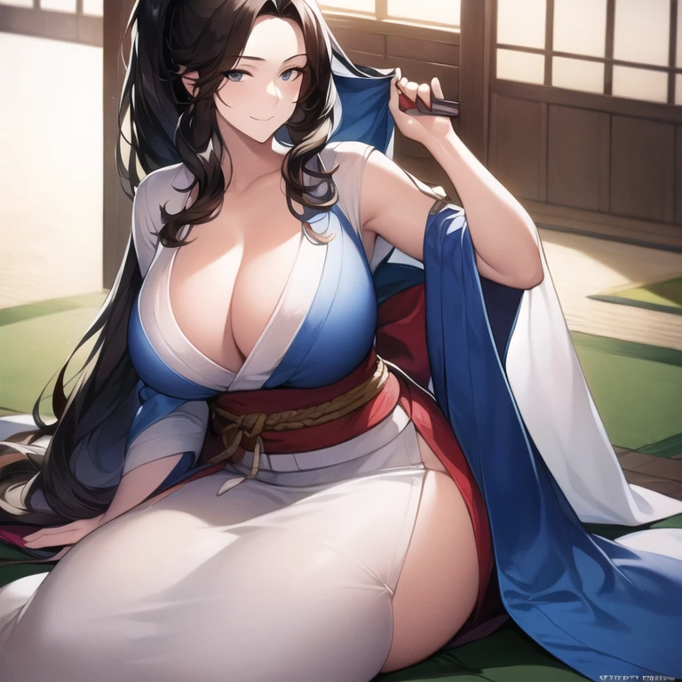 ((masterpiece)), ((best quality)), (ultra-detailed), (realistic), beautiful face, detailed hands, 1girl, solo, mature female, milf, motherly, forehead, big breasts, narrow waist, wide hips, curvy, (straight hair, long hair, high ponytail, dark hair, dark eyes, white kimono, cleavage), dojo, looking at viewer, cowboy shot, seductive smile, sitting