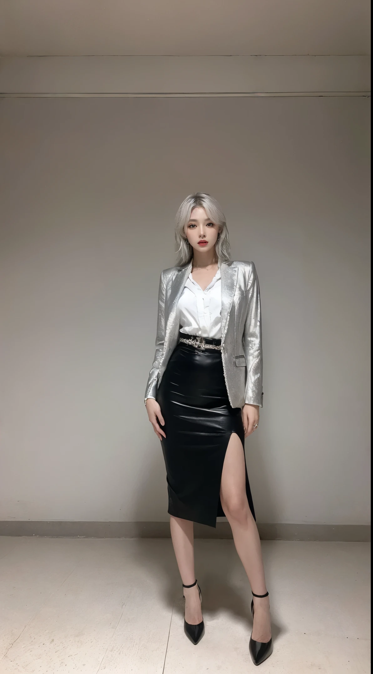 Silver-haired woman wearing white and black suit and black skirt, 1 full body lady, alone,clasp hands together,, photoactual, realism, actual, Humanity