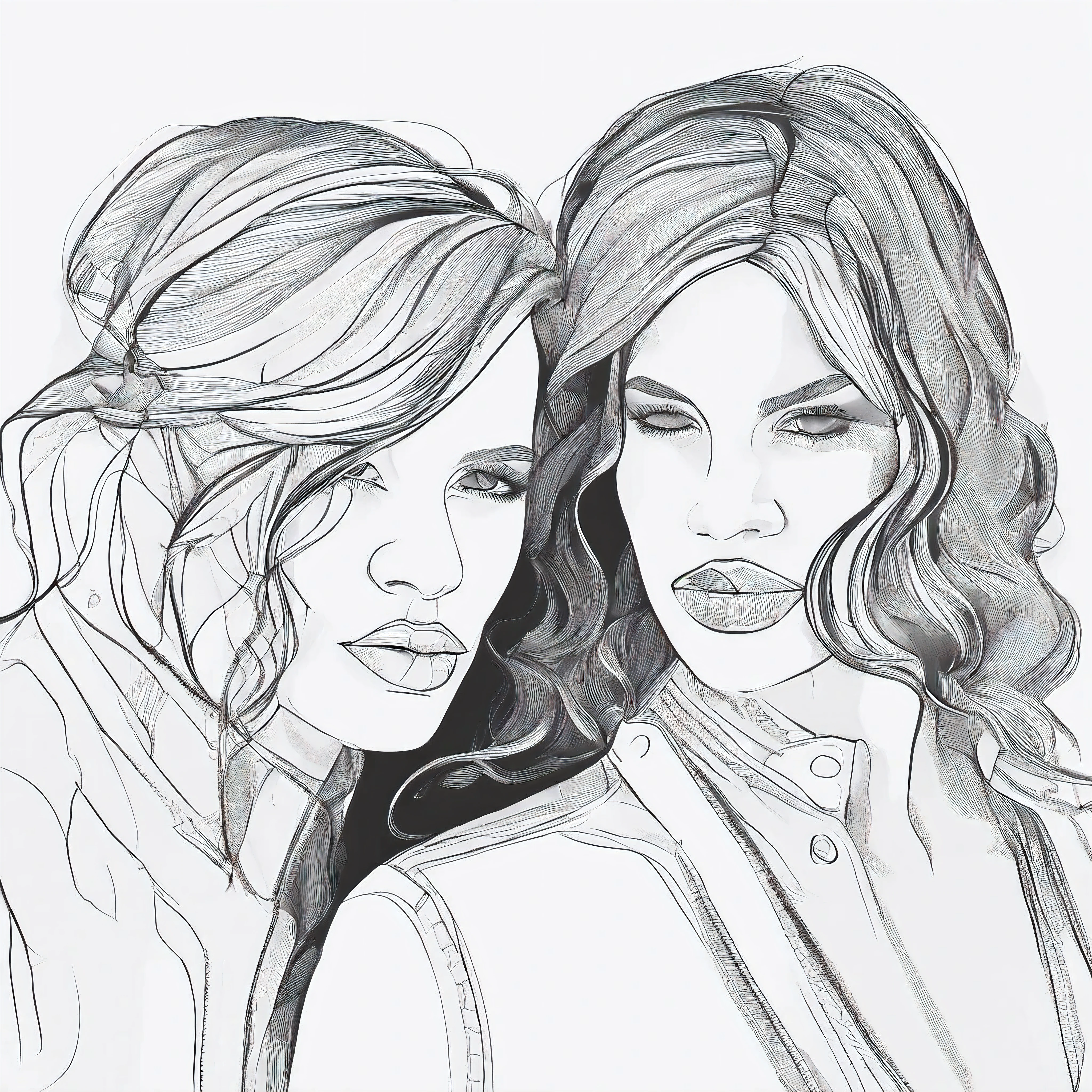lesbian, girls, line drawing, dim light, leather, half naked, charcoal, pencil. drawing, underground paper, kissing men. trio, female-female, realistic charcoal drawing