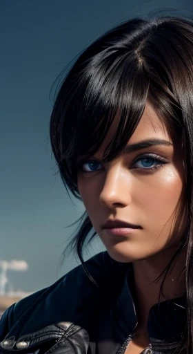 masterpiece、cool、30s、blue eyes、black skin、brown skin、black hair、Arab、woman、serious face、short hair、straight hair、messy hair、bangs、very short hair、sharp eyes、black clothes、Long jacket、long coat、pants、gloves、full body photo、Formal wear