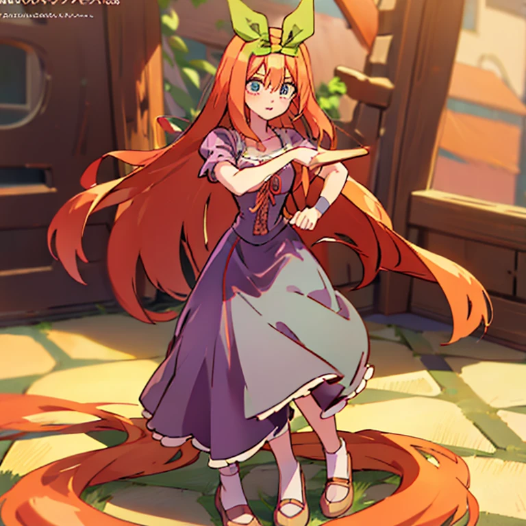 Fusion between Rapunzel from disney and Yotsuba Nakano, good fusion, excellent character design, masterpiece, 4k, perfect anatomy, perfect face, perfect eyes, 1girl, solo, full body, yotsuba nakano wearing rapunzel's dress, long long orange hair, red hair, pink hair, orange hair, extremely long hair, green ribbon on hair, hair ribbon, blue eyes, athletic, muscular, purple rapunzel dress