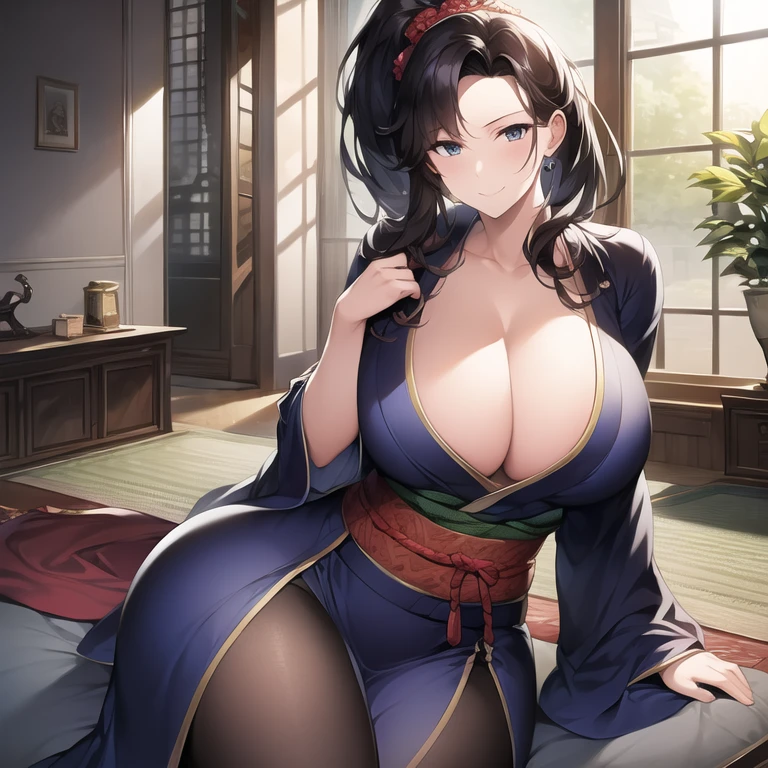 ((masterpiece)), ((best quality)), (ultra-detailed), (realistic), beautiful face, detailed hands, 1girl, solo, mature female, milf, motherly, forehead, gigantic breasts, narrow waist, wide hips, curvy, (straight hair, long hair, high ponytail, dark hair, dark eyes, white kimono, cleavage), dojo, looking at viewer, cowboy shot, seductive smile, sitting