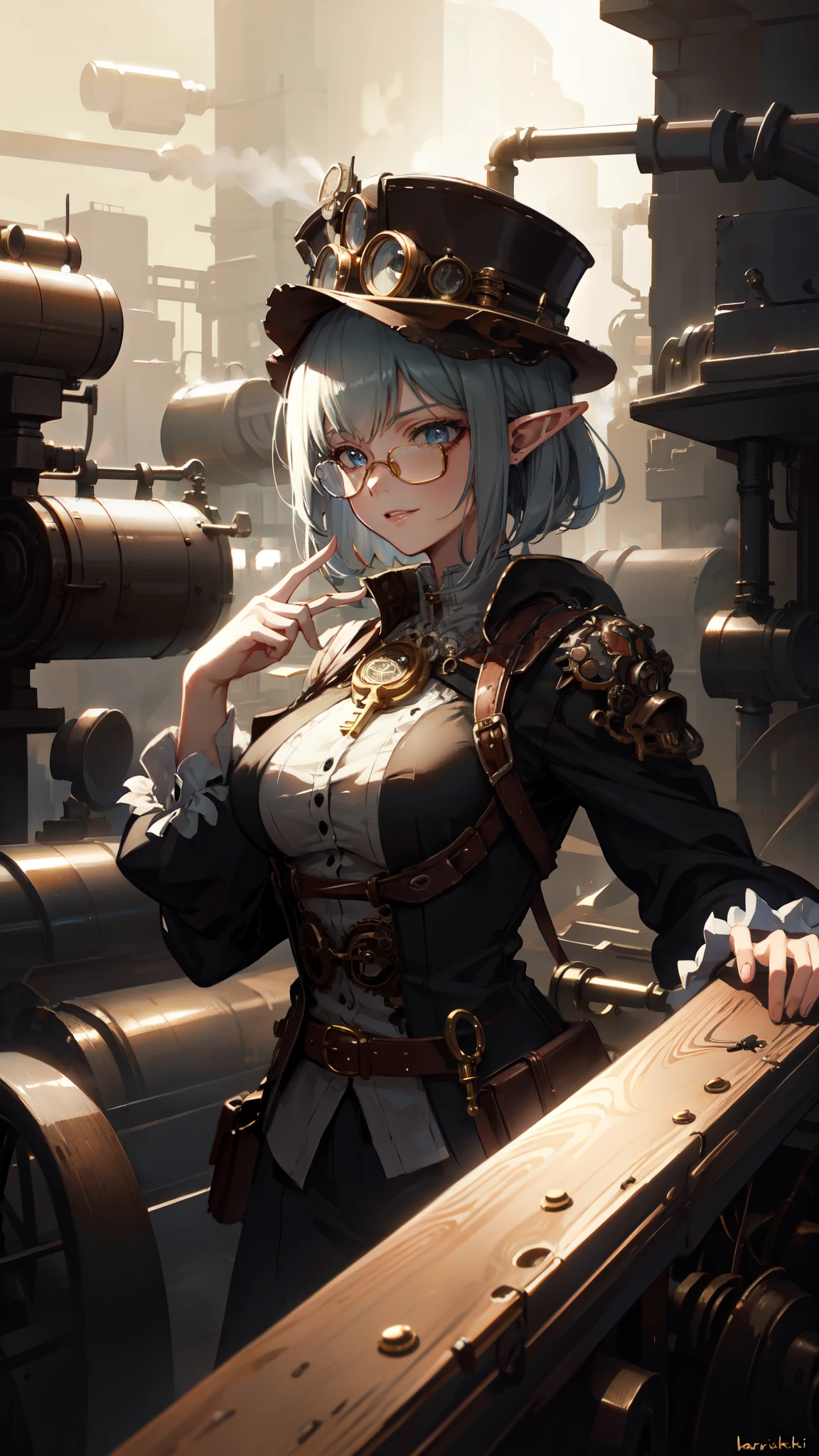 ((masterpiece )), (top quality), (best quality), ((ultra-detailed, 8k quality)), Aesthetics, Cinematic lighting, (detailed line art), Beautiful digital artwork, Exquisite digital illustration, absurdres, 
BREAK,
beautiful elf girl using tools next to a desk, in a factory, Workshops, waterr pipe, water tank, 18 century, (steampunk helmet with goggles), steampunk_costume, (avairy coat), glasses, cell shading, cinematic dramatic atmosphere, high quality cell shaded illustration in Fantasy steampunk style by Yoji Shinkawa, detailed and intricate environment, artstation, concept art, fluid and sharp focus, by ((Mikimoto Haruhiko)),
BREAK,
(best shadow), intricate details, interior, dark studio, muted colors, key spring-enhanced, clockwork, bronze, copper, steel, dangerous, sharp, Epic cinematic brilliant stunning, intricately detailed dramatic atmospheric, (steam punk), SteamPunkAI, CogPunkAI,
BREAK,
highly detailed of (elf), (1girl), perfect face, details eye, Bob cut hair, Blunt bangs, (hair between eye), blonde white hair, blue eyes, eyelashes, eyeshadow, pink eyeshadow,  smile, design art by Artgerm, by Kawacy, By Yoshitaka Amano,
BREAK, 
((perfect anatomy)), nice body, medium breast, (extremely detailed finger), best hands, perfect face, beautiful face, beautiful eyes, perfect eyes, (perfect fingers), correct anatomy, 