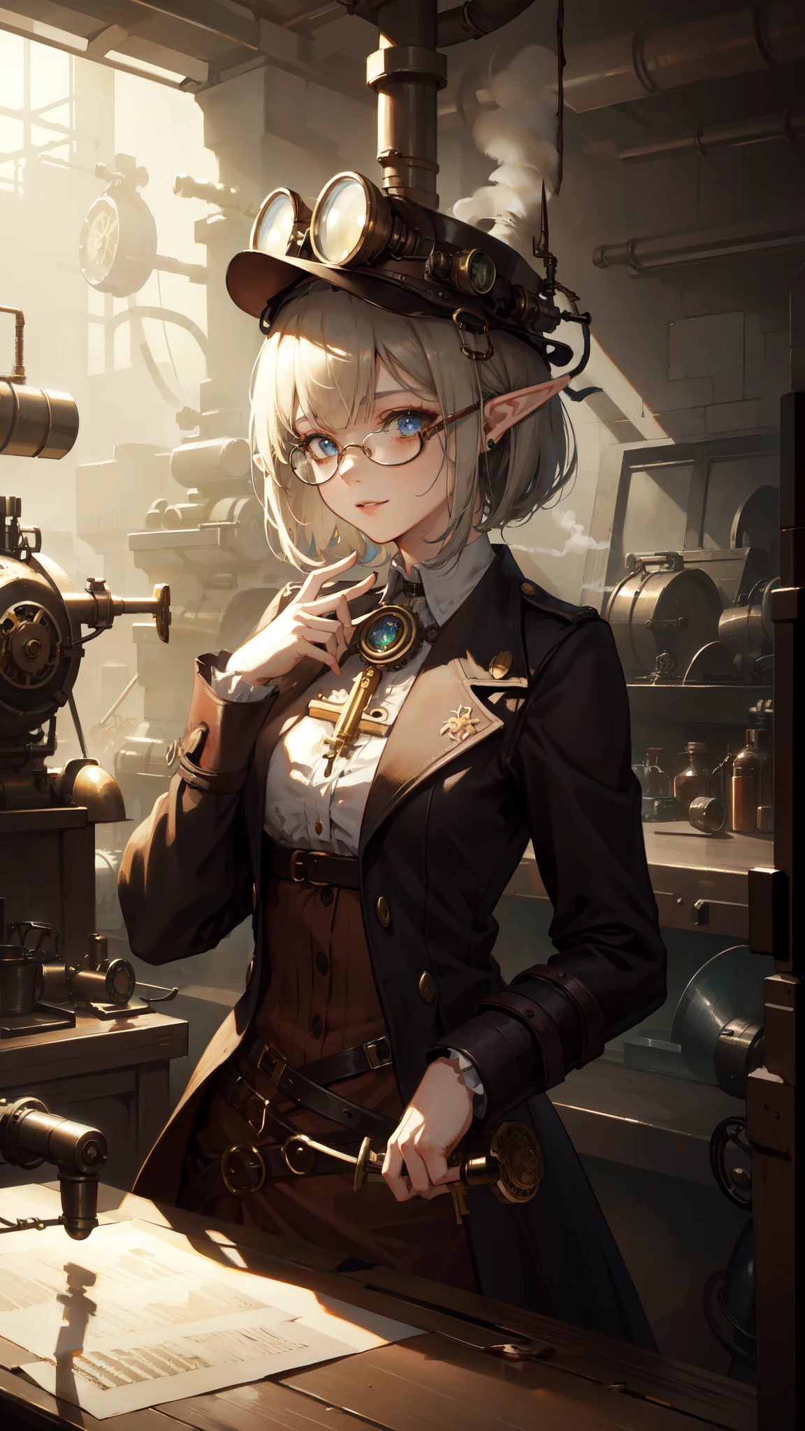((masterpiece )), (top quality), (best quality), ((ultra-detailed, 8k quality)), Aesthetics, Cinematic lighting, (detailed line art), Beautiful digital artwork, Exquisite digital illustration, absurdres,
BREAK,
beautiful elf girl using tools next to a desk, in a factory, Workshops, waterr pipe, water tank, 18 century, (steampunk helmet with goggles), steampunk_costume, (avairy coat), glasses, cell shading, cinematic dramatic atmosphere, high quality cell shaded illustration in Fantasy steampunk style by Yoji Shinkawa, detailed and intricate environment, artstation, concept art, fluid and sharp focus, by ((Mikimoto Haruhiko)),
BREAK,
(best shadow), intricate details, interior, dark studio, muted colors, key spring-enhanced, clockwork, bronze, copper, steel, dangerous, sharp, (steam punk), SteamPunkAI,
BREAK,
highly detailed of (elf), (1girl), perfect face, details eye, Bob cut hair, Blunt bangs, (hair between eye), blonde white hair, blue eyes, eyelashes, eyeshadow, pink eyeshadow, smile, design art by Artgerm, by Kawacy, By Yoshitaka Amano,
BREAK,
((perfect anatomy)), nice body, medium breast, (extremely detailed finger), best hands, perfect face, beautiful face, beautiful eyes, perfect eyes, (perfect fingers), correct anatomy,