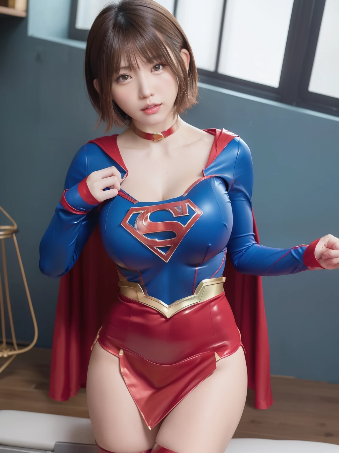 masterpiece、supergirl costume、short hair、barefoot、big and full breasts、Experimental Facilities、operating table、straddle、damaged、shiny、look at the camera、Seduce、choker、red mini skirt、long sleeve