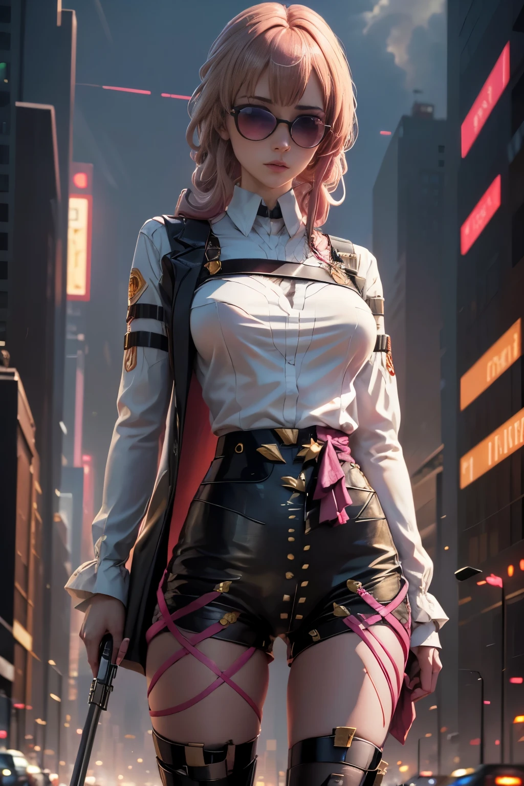 masterpiece, best quality, blonde hair, red eyes, sunglasses, Light, actual, photo, _novel, huge_File size, In the cyberpunk city, steam, masterpiece,best quality,official art,Extremely detailed CG unified 8k wallpaper, girl, alone, beautiful girl, incredible_ridiculous, small breasts, broken to pieces,