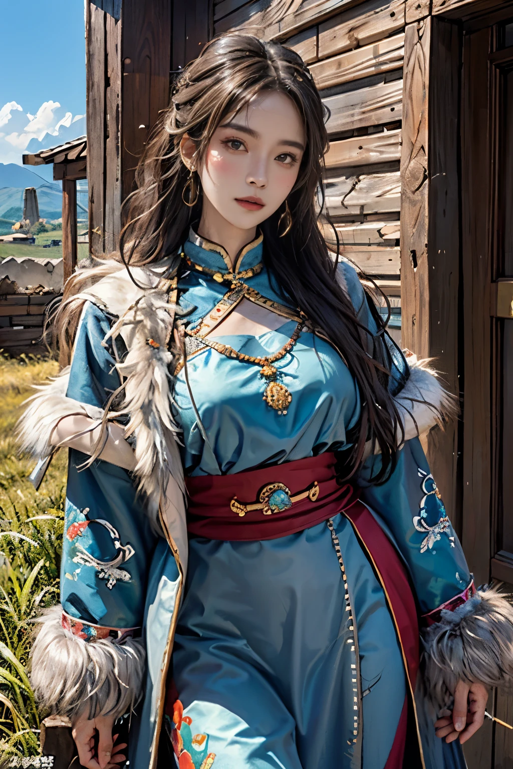 photorealistic, high resolution, soft light,1women, solo, hips up, shining skin, (detailed face), plateau,blue sky,grassland,extreme detailed,torogao, tibet clothes, fur coat, jewelry, tattoo