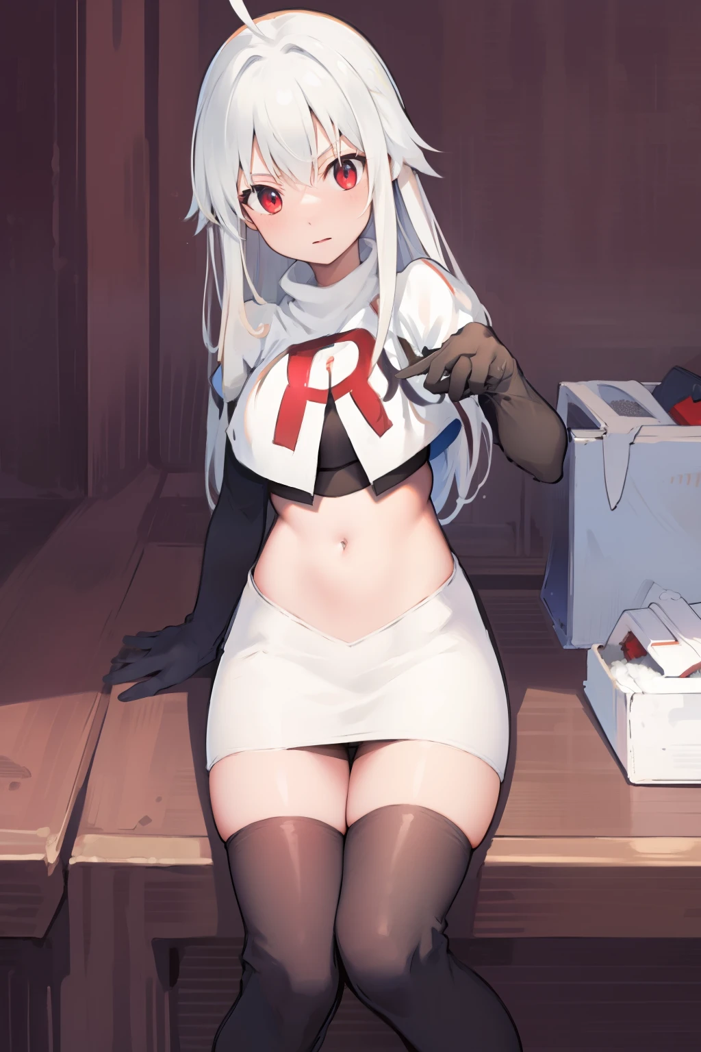 NinymGP, ahoge,best quality, masterpiece, highres, team rocket,team rocket uniform, red letter R, white skirt,white crop top,black thigh-highs,black elbow gloves,