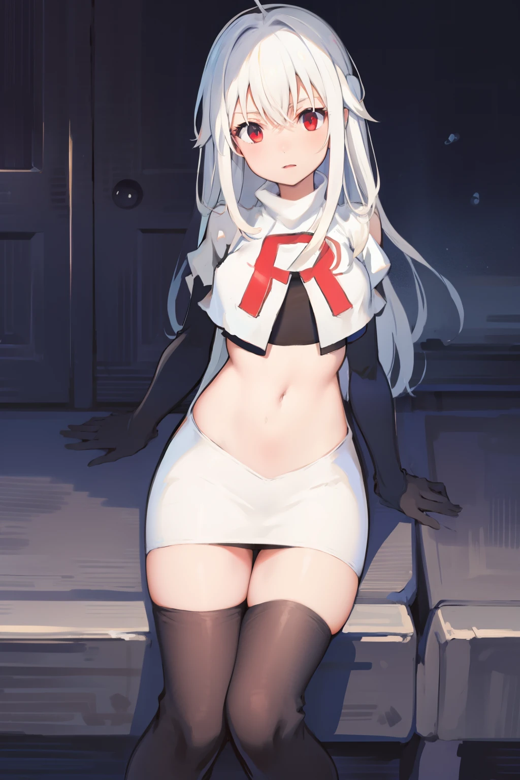 NinymGP, ahoge,best quality, masterpiece, highres, team rocket,team rocket uniform, red letter R, white skirt,white crop top,black thigh-highs,black elbow gloves,