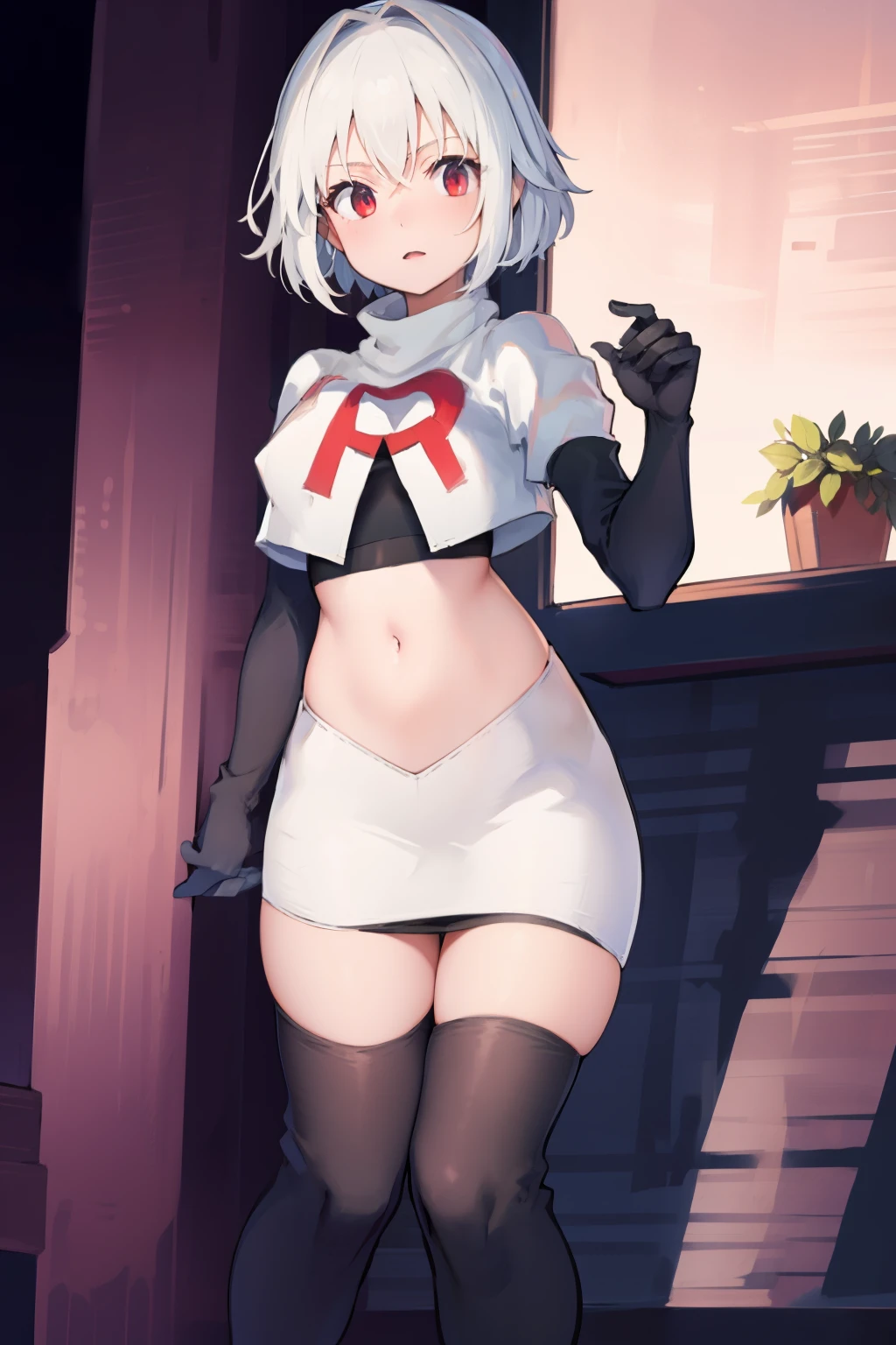 NinymGP, ahoge,best quality, masterpiece, highres, team rocket,team rocket uniform, red letter R, white skirt,white crop top,black thigh-highs,black elbow gloves,