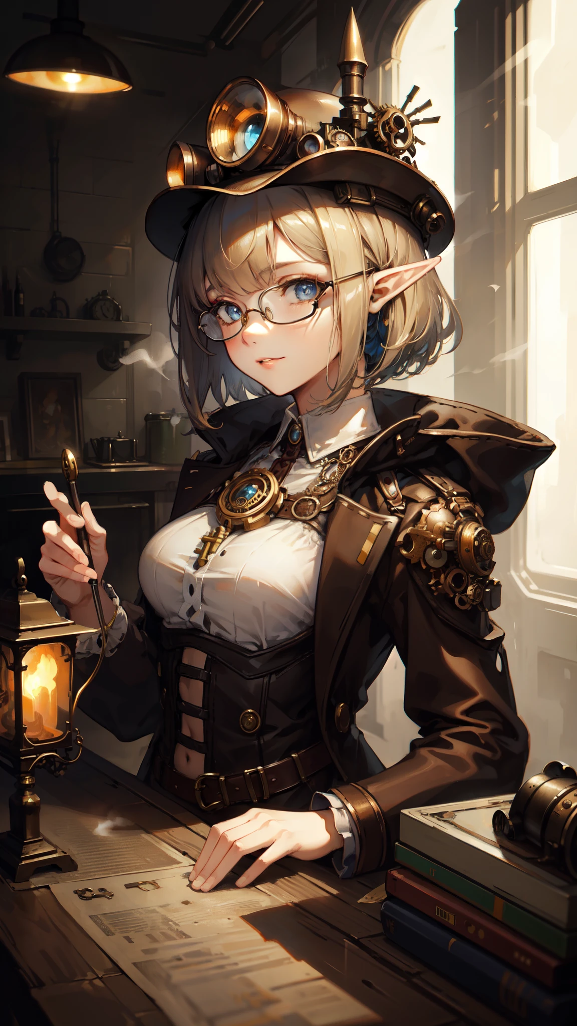 ((masterpiece )), (top quality), (best quality), ((ultra-detailed, 8k quality)), Aesthetics, Cinematic lighting, (detailed line art), Beautiful digital artwork, Exquisite digital illustration, absurdres,
BREAK,
beautiful elf girl using tools next to a desk, in a factory, Workshops, waterr pipe, water tank, 18 century, (steampunk helmet with goggles), steampunk_costume, (avairy coat), glasses, cell shading, cinematic dramatic atmosphere, high quality cell shaded illustration in Fantasy steampunk style by Yoji Shinkawa, detailed and intricate environment, artstation, concept art, fluid and sharp focus, by ((Mikimoto Haruhiko)),
BREAK,
(best shadow), intricate details, interior, dark studio, muted colors, key spring-enhanced, clockwork, bronze, copper, steel, dangerous, sharp, (steam punk), SteamPunkAI,
BREAK,
highly detailed of (elf), (1girl), perfect face, details eye, Bob cut hair, Blunt bangs, (hair between eye), blonde white hair, blue eyes, eyelashes, eyeshadow, pink eyeshadow, smile, design art by Artgerm, by Kawacy, By Yoshitaka Amano,
BREAK,
((perfect anatomy)), nice body, medium breast, (extremely detailed finger), best hands, perfect face, beautiful face, beautiful eyes, perfect eyes, (perfect fingers), correct anatomy,