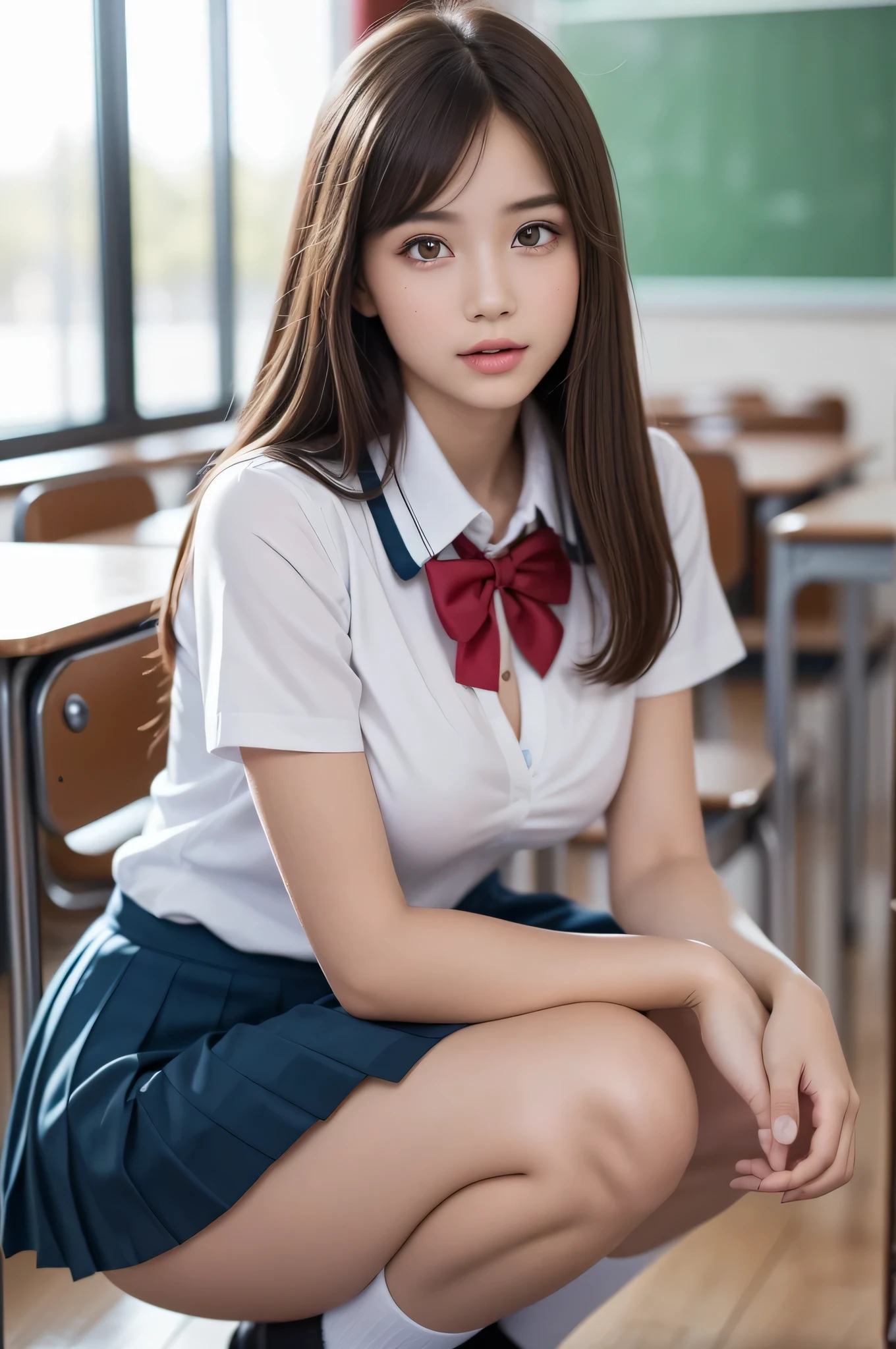 (1young girl), (highly detailed Beautiful face), Amazing face and eyes, (Best Quality:1.4), (Ultra-detailed), (extremely detailed CG unified 8k wallpaper), Highly detailed, High-definition raw color photos, Professional Photography, Realistic portrait, Amazing face and eyes, Pink eyes, (hi-school uniform, pleated mini skirt:1.3), (High school uniform with wide open breasts:1.4), twintails, brown hair, model, (((Bokeh))), depth of fields, School, classroom, (squatting:1.2), (lace panties:1.2), view from below