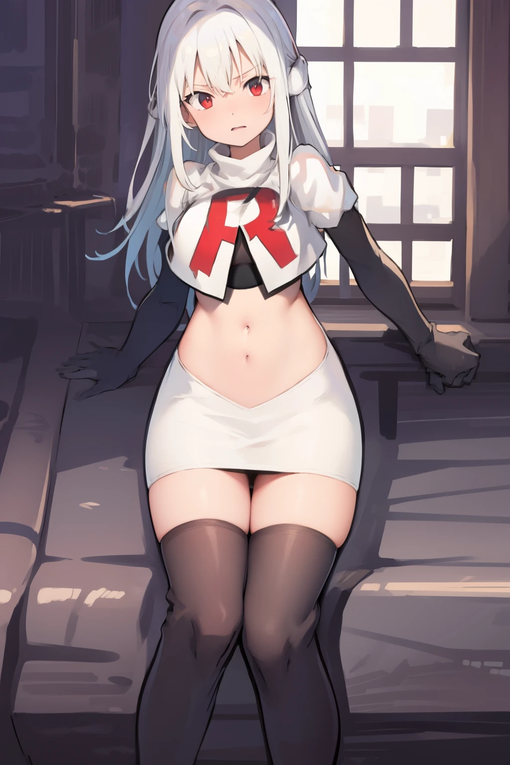 NinymGP, ahoge,best quality, masterpiece, highres, team rocket,team rocket uniform, red letter R, white skirt,white crop top,black thigh-highs,black elbow gloves,