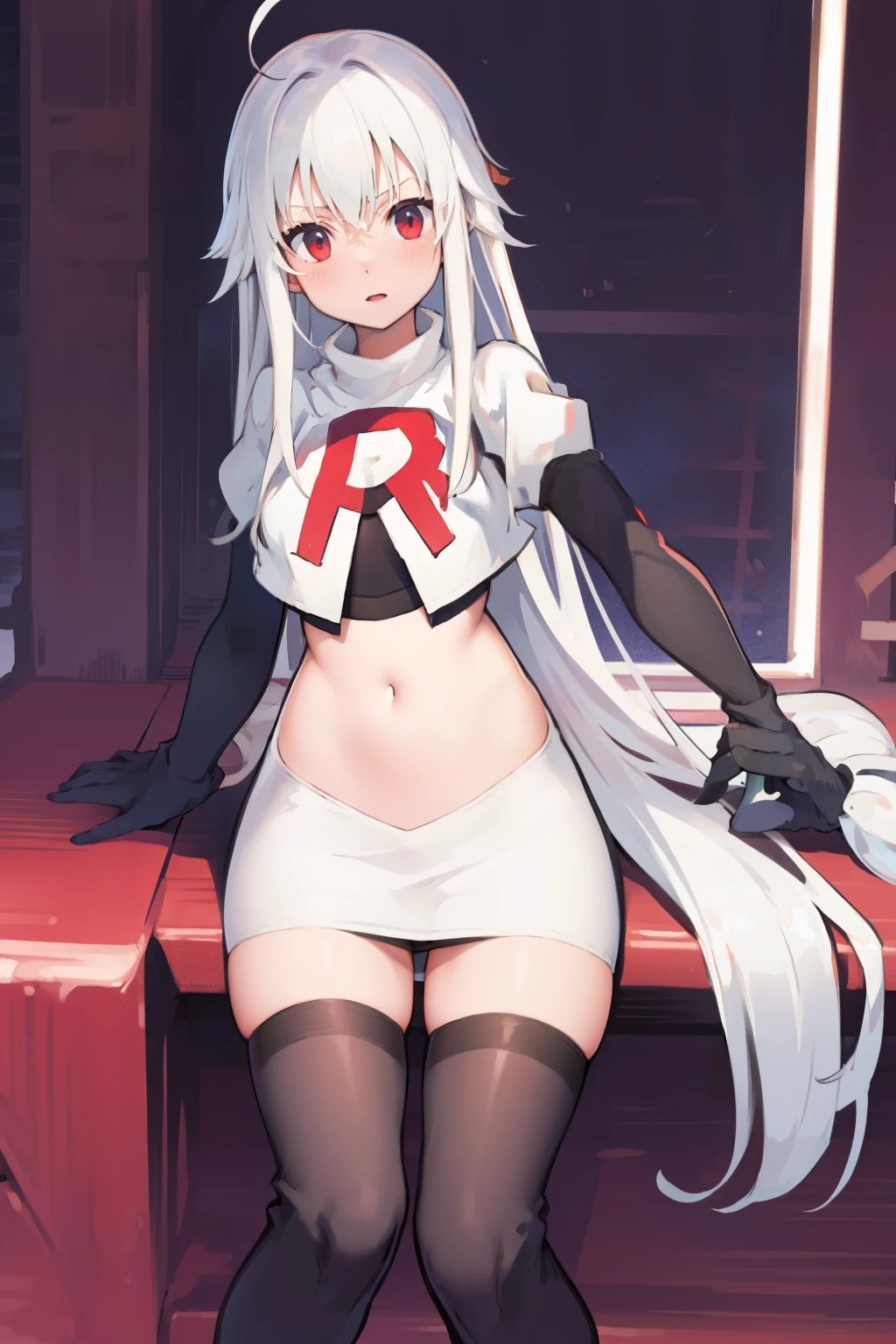 NinymGP, ahoge,best quality, masterpiece, highres, team rocket,team rocket uniform, red letter R, white skirt,white crop top,black thigh-highs,black elbow gloves,