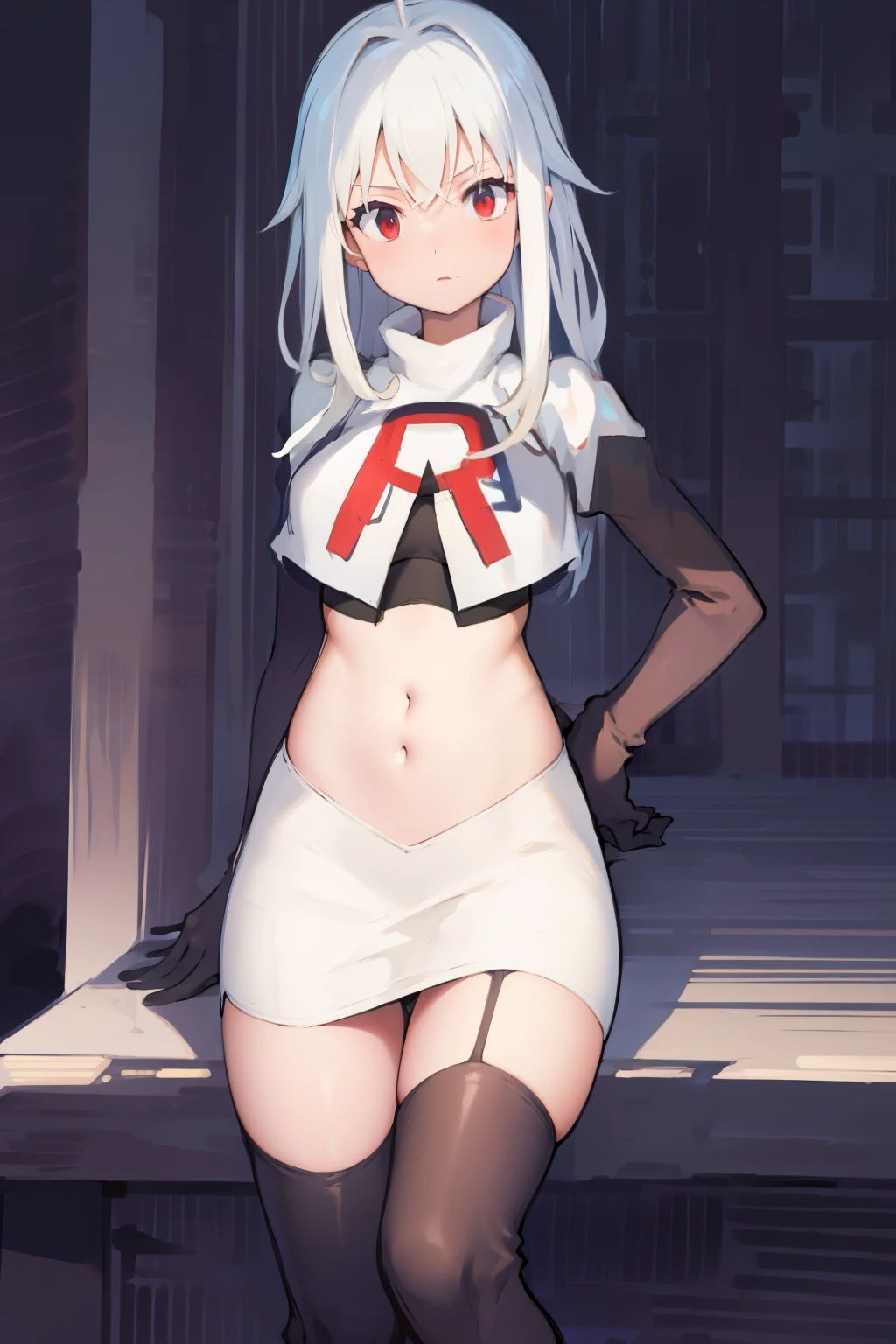 NinymGP, ahoge,best quality, masterpiece, highres, team rocket,team rocket uniform, red letter R, white skirt,white crop top,black thigh-highs,black elbow gloves,