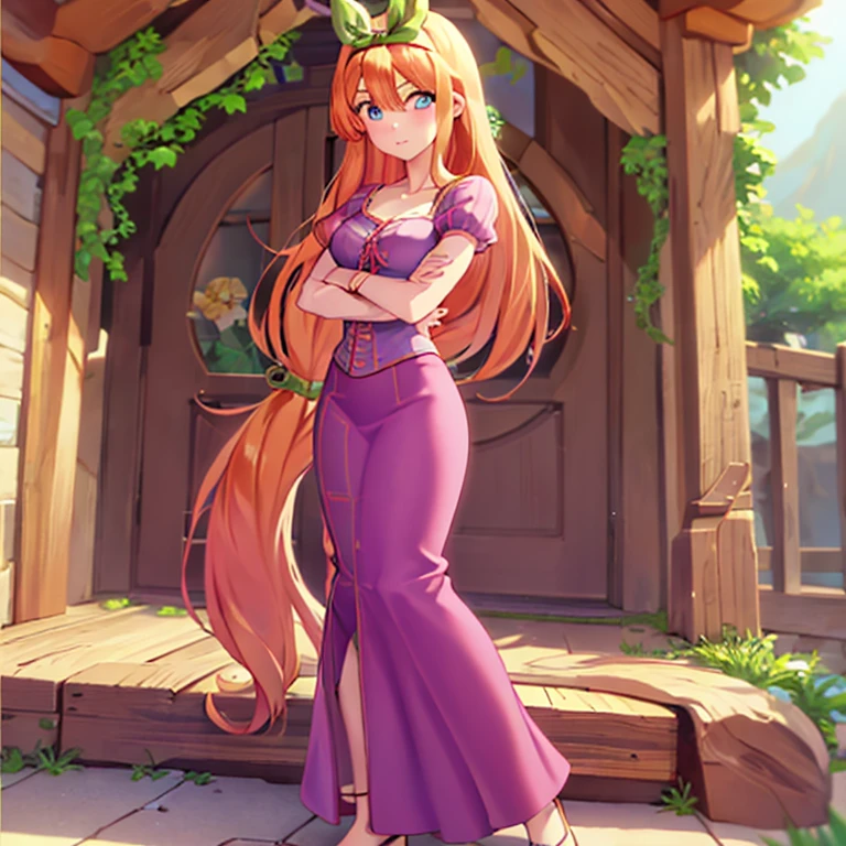 Fusion between Rapunzel from disney and Yotsuba Nakano, good fusion, excellent character design, masterpiece, 4k, perfect anatomy, perfect face, perfect eyes, 1girl, solo, full body, yotsuba nakano wearing rapunzel's dress, long long orange hair, red hair, pink hair, orange hair, extremely long hair, green ribbon on hair, hair ribbon, blue eyes, athletic, muscular, purple rapunzel dress