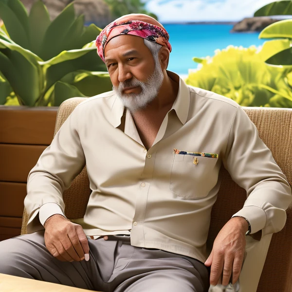 Dr Mephesto get Eat Lemon, Fat Man, Bandana cap on Light Gray Straw Hat, Long Sleeve Hawaiian Flowers Shirt, Brown Pants 