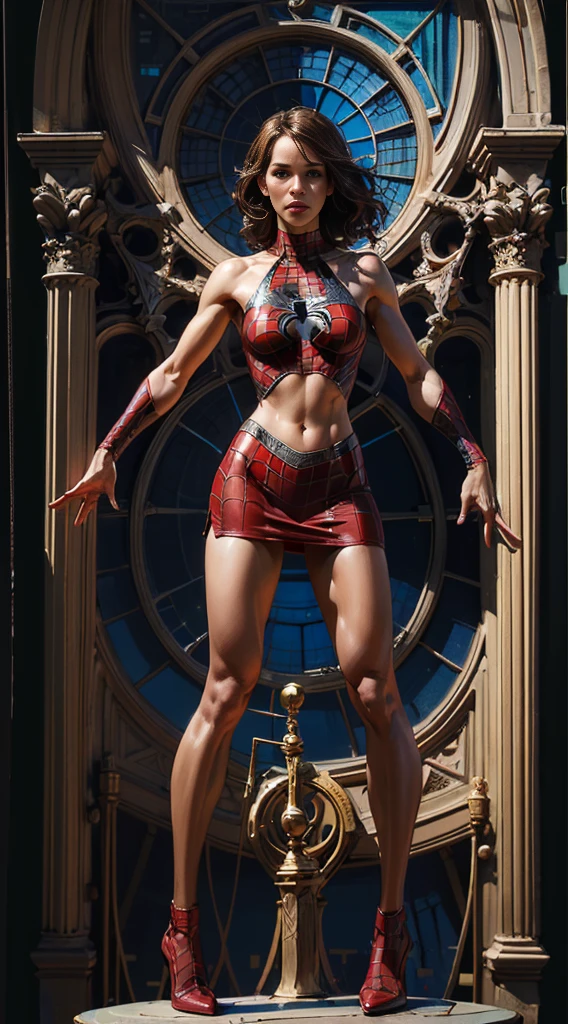 Jennifer Garner、Sticking out the navel、newyork、She wears a torn Spider-Man suit,wearing a skirt、abstract photorealistic、artistic、Alphonse Mucha's painting(masterpiece、highest quality、High resolution:1.4)、detailed、複雑なdetailed、In 4K、color splash、line drawing、fibonacci、
