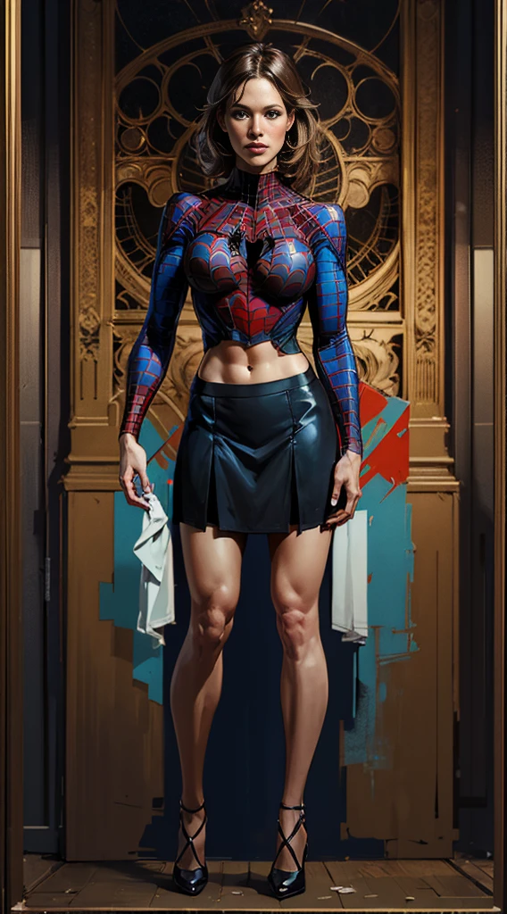 Jennifer Garner、Sticking out the navel、newyork、She wears a torn Spider-Man suit,wearing a skirt、abstract photorealistic、artistic、Alphonse Mucha's painting(masterpiece、highest quality、High resolution:1.4)、detailed、複雑なdetailed、In 4K、color splash、line drawing、fibonacci、