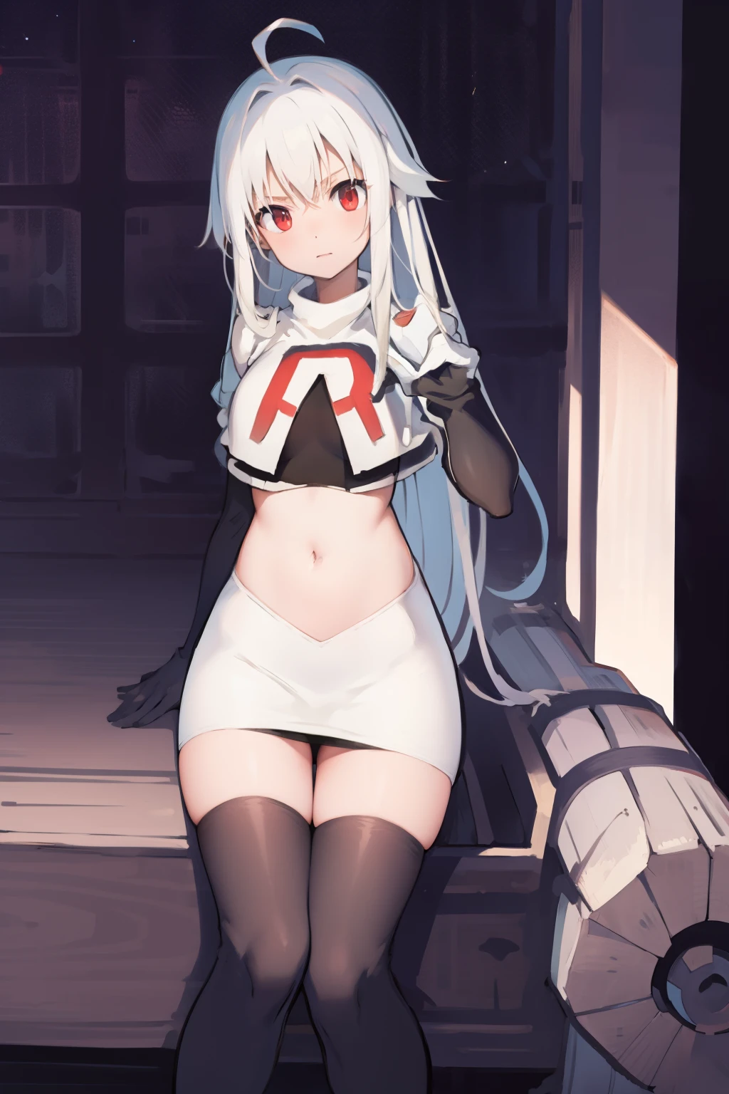 NinymGP, ahoge,best quality, masterpiece, highres, team rocket,team rocket uniform, red letter R, white skirt,white crop top,black thigh-highs,black elbow gloves,