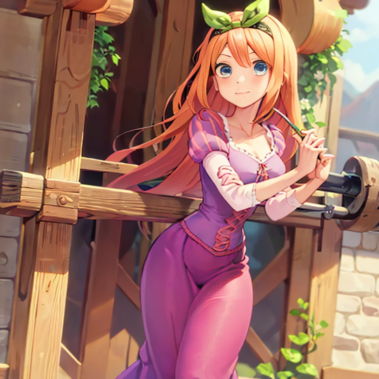 Fusion between Rapunzel from disney and Yotsuba Nakano, good fusion, excellent character design, masterpiece, 4k, perfect anatomy, perfect face, perfect eyes, 1girl, solo, full body, yotsuba nakano wearing rapunzel's dress, long long orange hair, red hair, pink hair, orange hair, extremely long hair, green ribbon on hair, hair ribbon, blue eyes, athletic, muscular, purple rapunzel dress