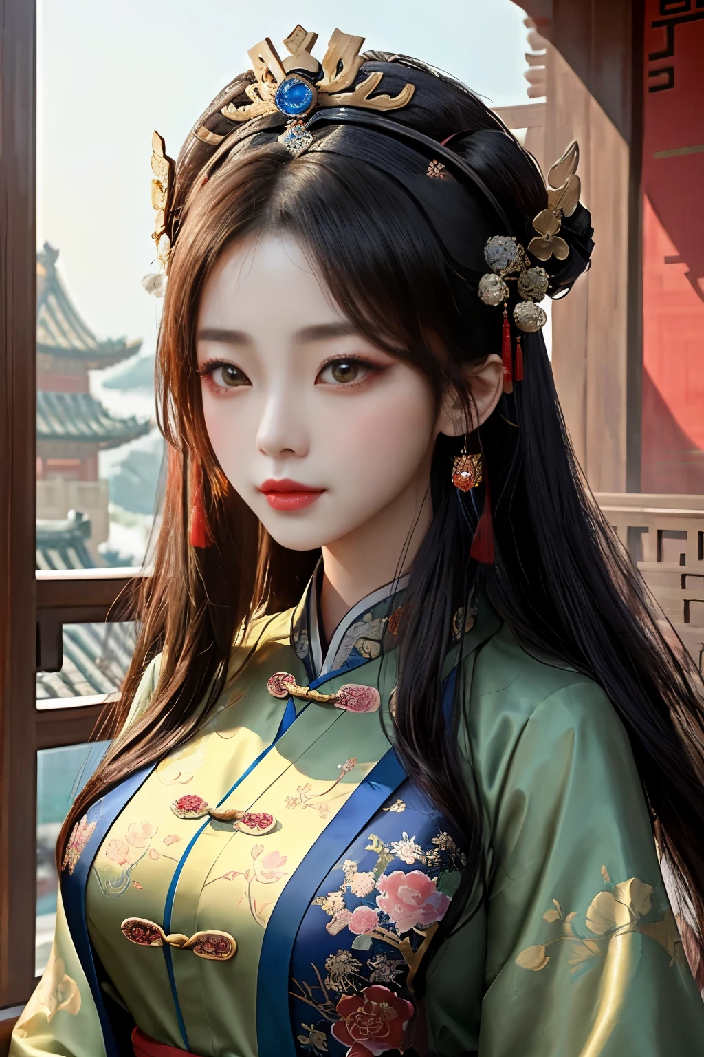 Close-up of a woman wearing a red and blue headdress, chinese empress, a beautiful fantasy empress, ((a beautiful fantasy empress)), Princesa chinesa antiga, Hanfu, Chinese traditional, ancient china art style, China Princess, gorgeous and huge head ornaments, Inspired by Lan Ying, Palace ， A girl in Hanfu, inspired by Park Hua, beijing opera