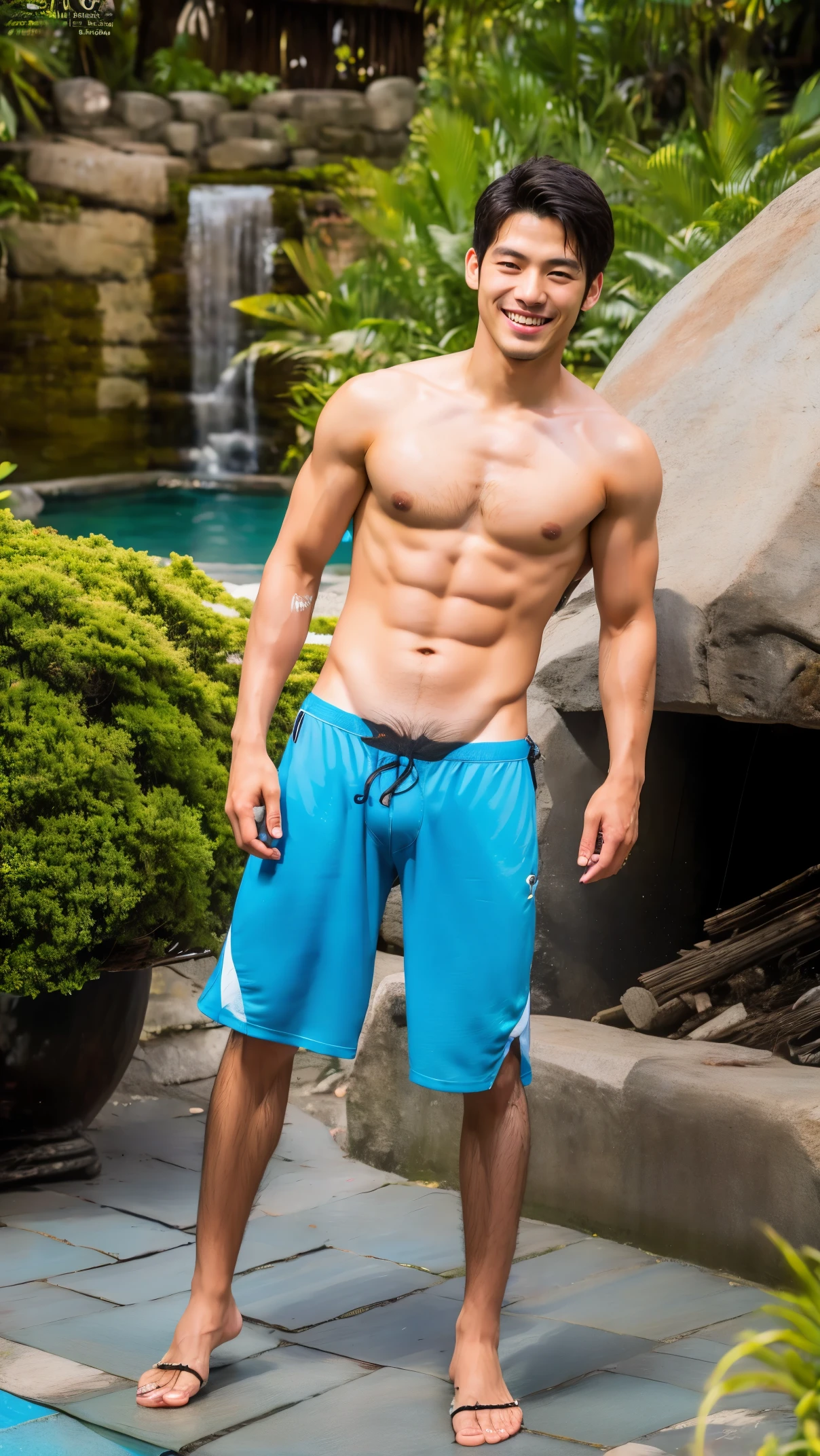 The photorealistic portrait combines the style of National Geographic of a Asian grin Handsome Guy, slightly muscular man, full body stand-up character posing of full body wear a light blue Sexy Bikini, Outdoor, masterpiece,Bathed in the golden light of a beautiful day, best qualti, 8K UHD,Sony digital SLR camera,