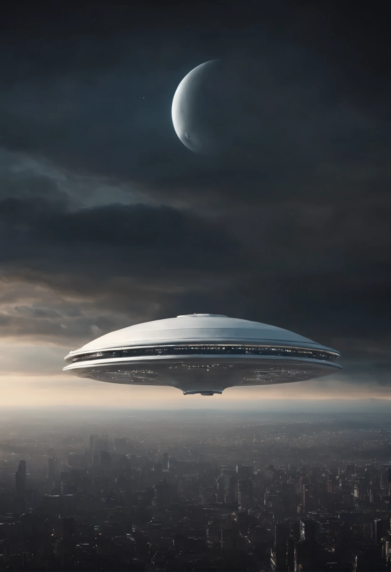 A photo-realistic capturing of the flying giant white discoid alien mothership with a huge diameter, hovering at an altitude of 1 kilometer above big city, interstellar, spaceship, (Best Quality, 16K, Masterpiece, Ultra HD:1.3, Huge detail, hyper realistic, epic scale, insane level of details)