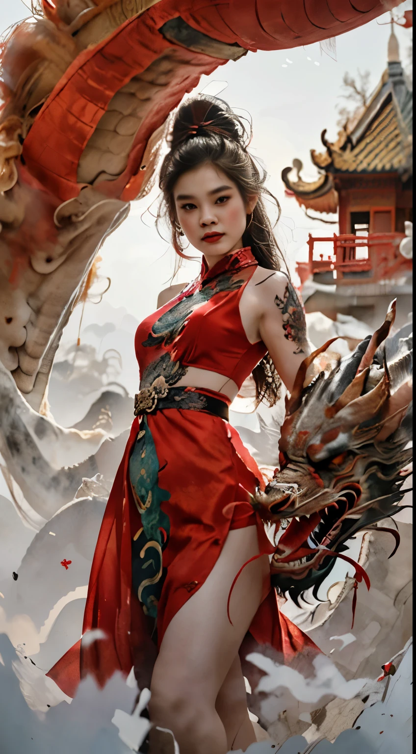 a Thai woman in a red dress holding a fan, tattoo body, a picture, inspired by Shang Xi, trending on cg society, smooth chinese dragon, 🤬 🤮 💕 🎀, avatar image, beautiful colorful, gorgeous female, h 576, porcelain japanese mannequins, year 2 0 2 4, f 2.5, realistic photo.