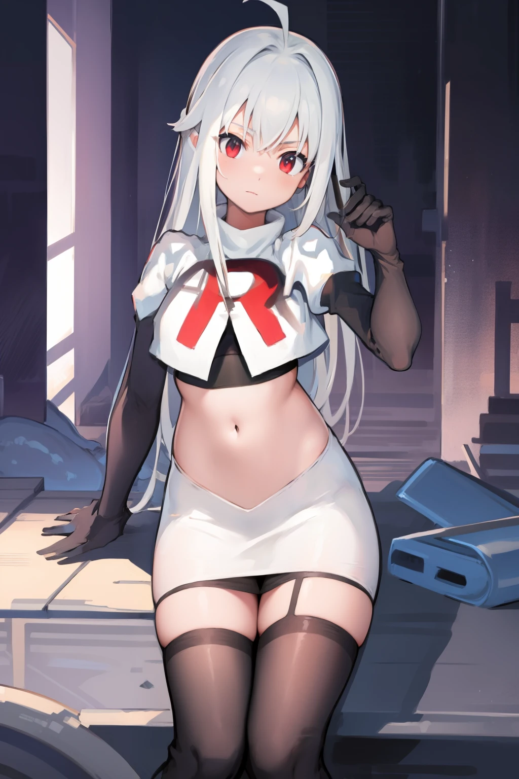 NinymGP, ahoge,best quality, masterpiece, highres, team rocket,team rocket uniform, red letter R, white skirt,white crop top,black thigh-highs,black elbow gloves,