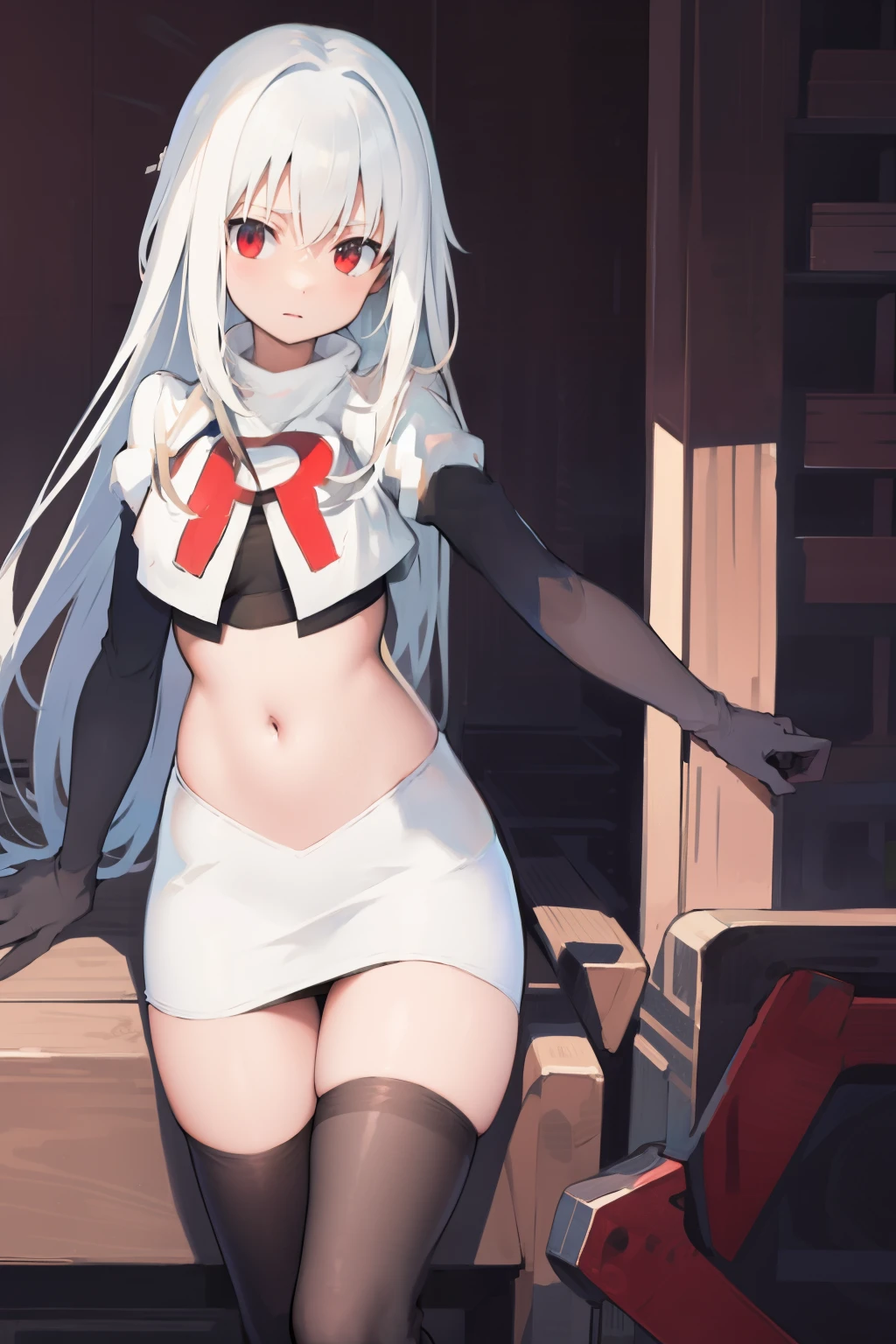 NinymGP, ahoge,best quality, masterpiece, highres, team rocket,team rocket uniform, red letter R, white skirt,white crop top,black thigh-highs,black elbow gloves,