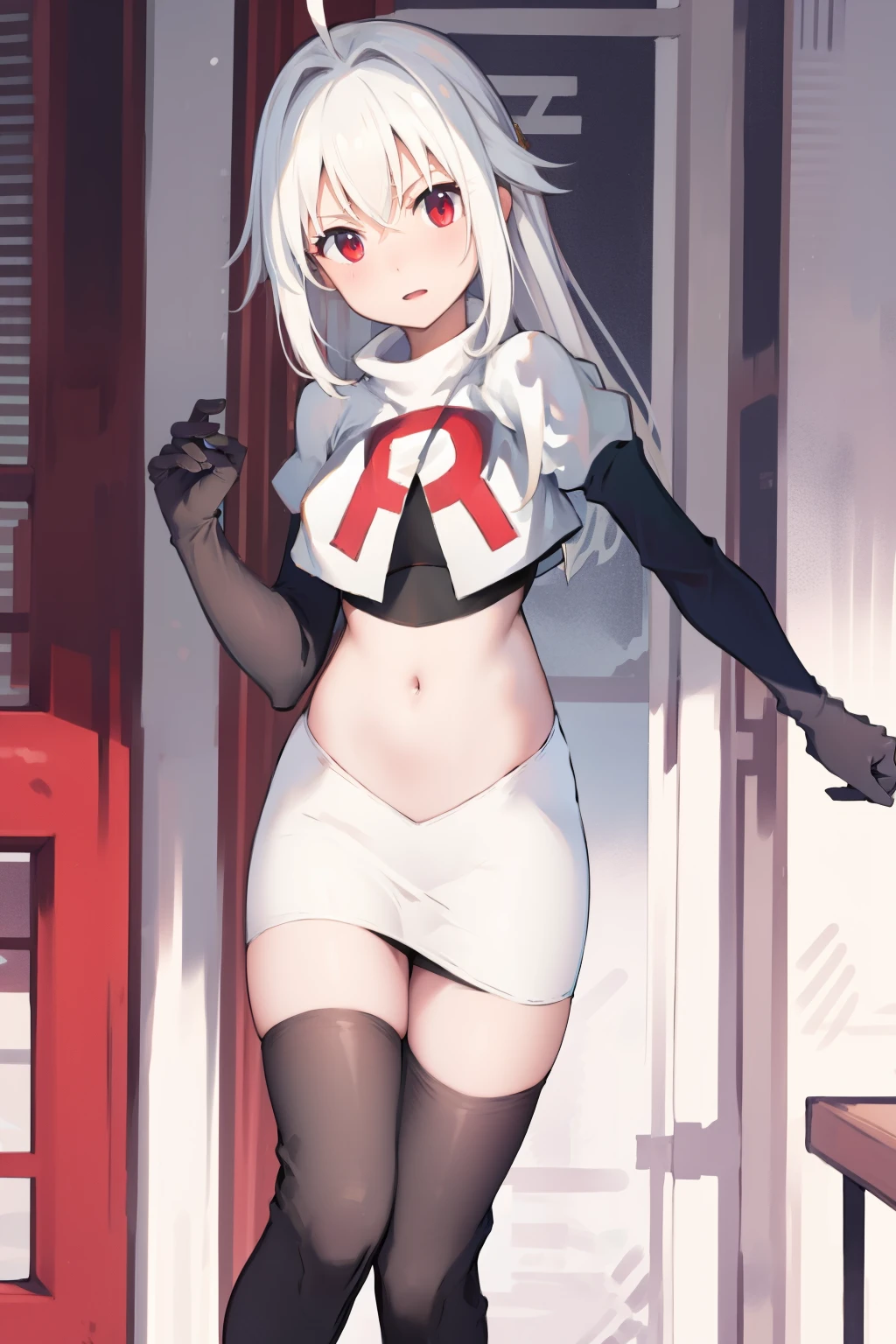 NinymGP, ahoge,best quality, masterpiece, highres, team rocket,team rocket uniform, red letter R, white skirt,white crop top,black thigh-highs,black elbow gloves,