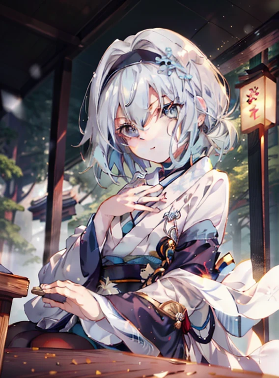 empty silver,empty silver Ryouou'Jobs, (blue eyes:1.5), (short hair:silver 9,green 1), (flat chest:1.2),Upper body,black headband,black choker,whole body,break,White furisode kimono,Black too,white foot bag,Zori sandals,in Japanese,background(Japanese snow garden),happy atmosphere,Spread the fan and cover your mouth、太陽のまぶしさ
break (table top:1.2), highest quality, High resolution, unity 8k wallpaper, (shape:0.8), (fine and beautiful eyes:1.6), highly detailed face, perfect lighting, Detailed CG, (perfect hands, perfect anatomy),