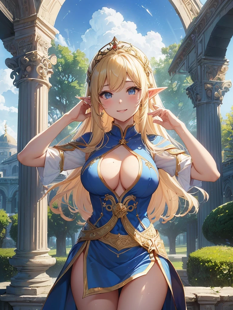 highest quality、Highest image quality、But Tarpeace、Two super beautiful elf beauties((24-years-old、vest bust、big bust、bust 90,beautiful blue long ironed hair、blonde、globe、Sexy means、、slender、Close-up、Esbian、beautiful tiara、High quality、beautiful art、background spectacular scenery、great work、visual art、Depth of bounds written、blue sky、elf ears、、magic of light、space knight、harp melody🎵、A happy smile、gentle light、、Beautiful legs that are gentle on the skin、、、Number of fingers to achieve precise finger movements、ticker beautiful decoration、elegant、mystical　　field under the flower garden、marble columns, beautiful dressy、byzantine art、marble dome、art nouveau、temple of time、sundial、、A sexy is 1.3,巨大なglobe、Renaissance painting、Raphael&#39;s paintings、golden ratio、Renaissance architecture、Palace garden、、Forest、forest、beautiful dress、Low - Angle、Close-up、Red Rose、White Rose、festival日、festival、raise your arms and rejoice　nsfw
