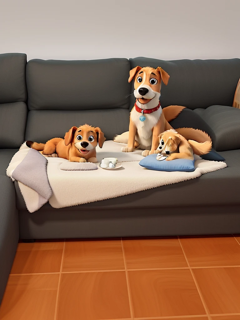 two dogs on the sofa, estilo disney pixar, alta qualidade, boa qualidade