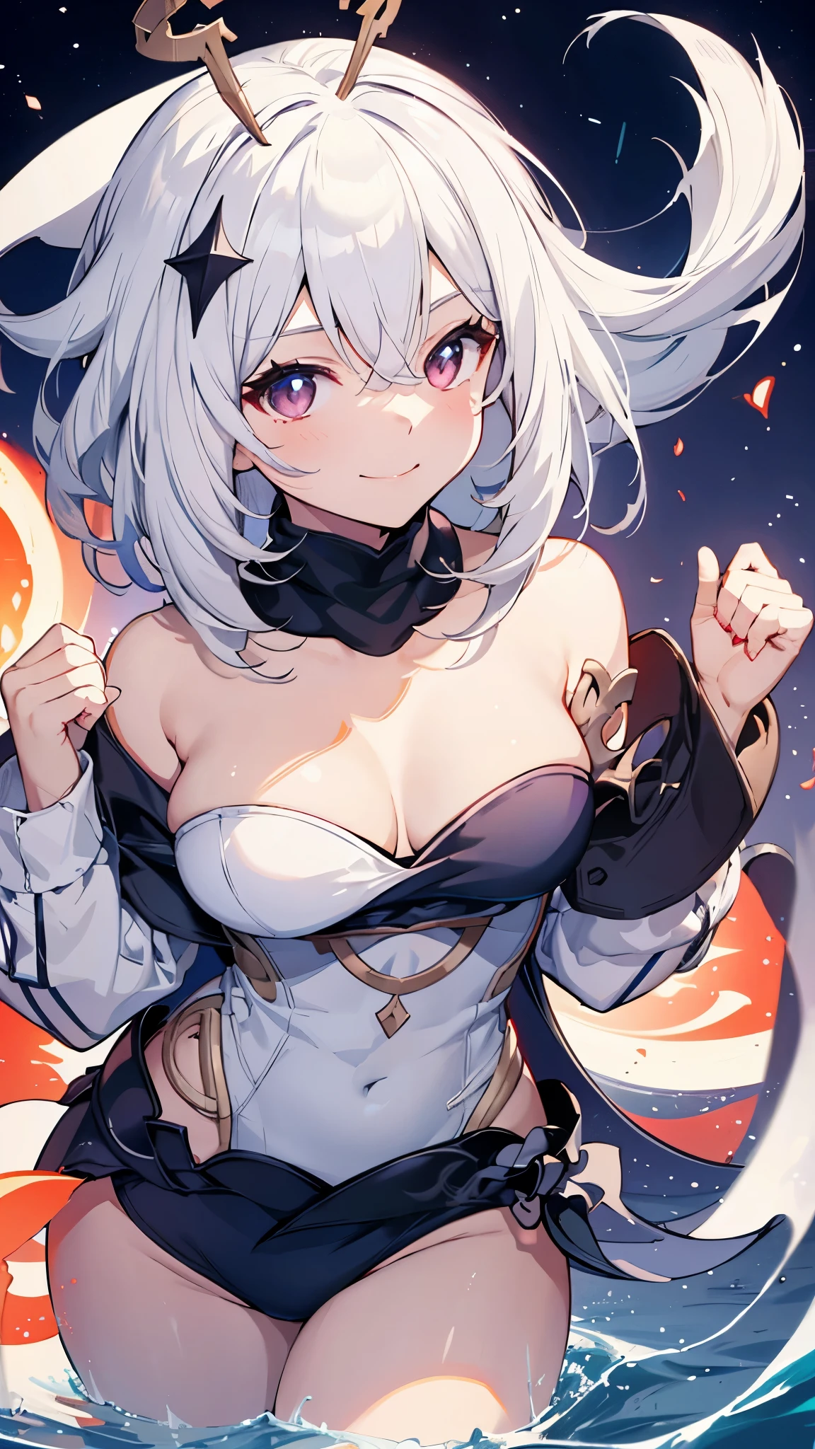 off the shoulder dress，a girl，swimsuit，white hair，Genshin，Paimon，genshin，Show your waist，Smile，portrait，sexy，fat