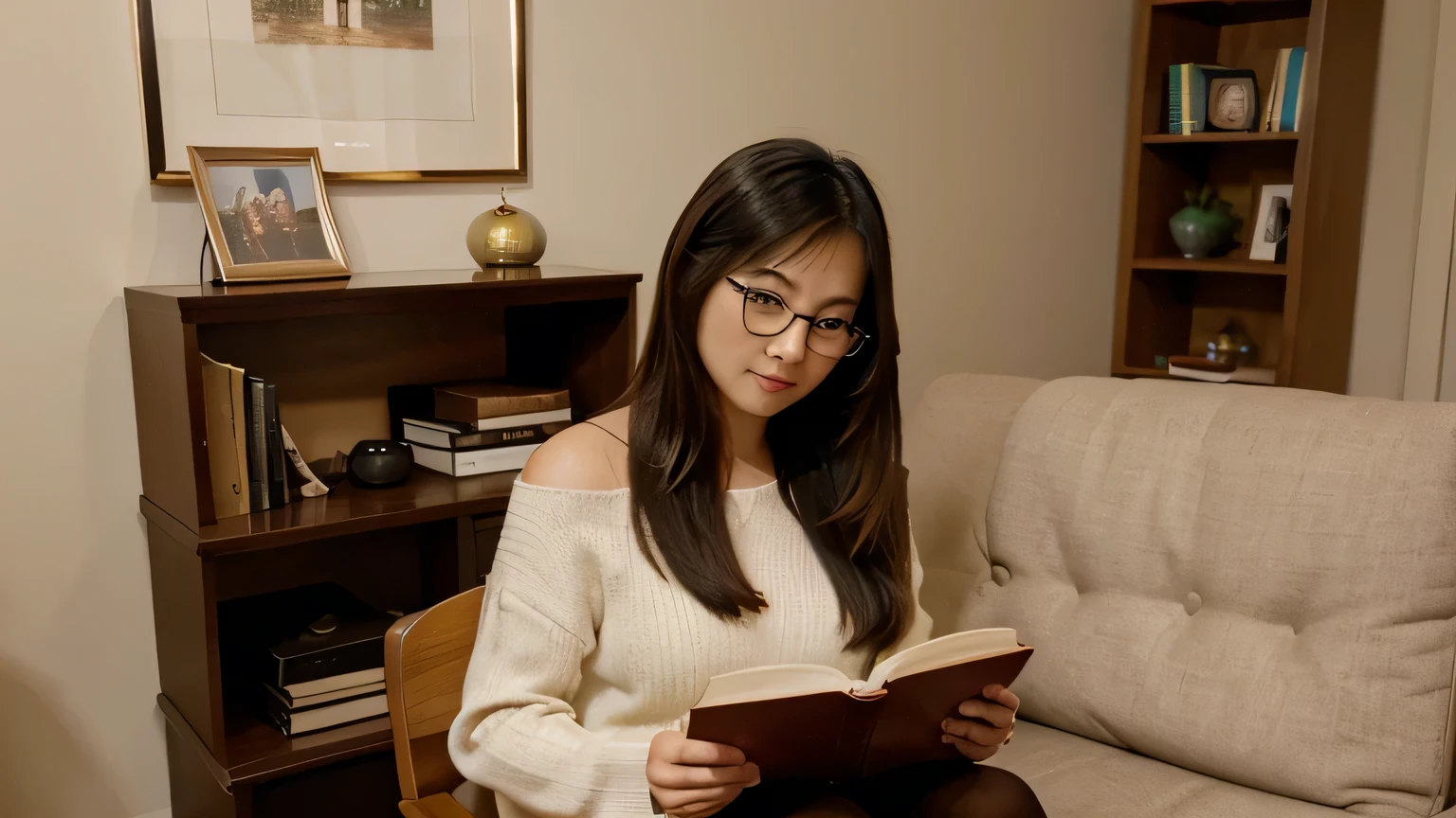 warm living room, Wide wooden table and desk, Lots of original English books on the bookshelf, A steaming cup of coffee on the table, Intelligent and cute Asian woman reading a book in the living room., This woman is elegant and has shoulder-length hair.., wearing glasses, me'I'm chubby and in my 20s., Draw the photo so that the person is in one corner of the photo and the background takes up more space..