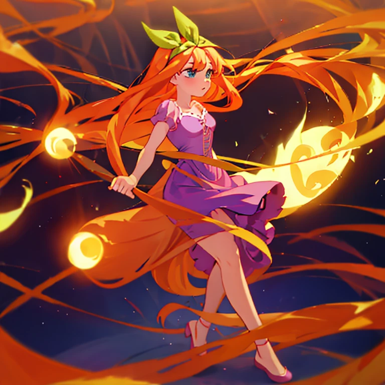 Fusion between Rapunzel from disney and Yotsuba Nakano, good fusion, excellent character design, masterpiece, 4k, perfect anatomy, perfect face, perfect eyes, 1girl, solo, full body, yotsuba nakano wearing rapunzel's dress, long long orange hair, red hair, pink hair, orange hair, extremely long hair, green ribbon on hair, hair ribbon, blue eyes, athletic, muscular, purple rapunzel dress